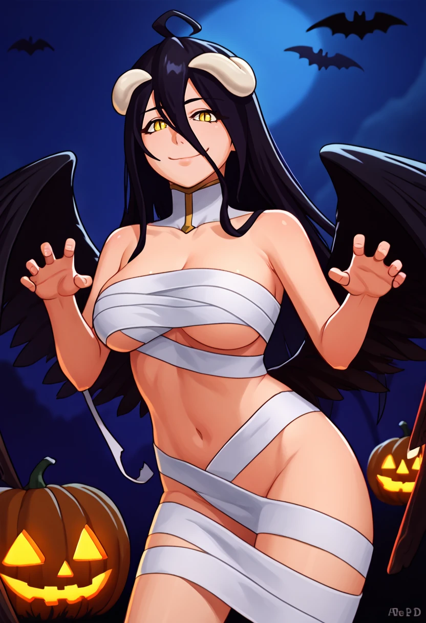 score_9, score_8_up, score_7_up, source_anime, solo, 1girl, alb3d0dress, black wings, feathered wings, low wings, seductive smile, looking at viewer, standing, claw pose, black hair, ahoge, white horns, demon horns, yellow eyes, slit pupils, naked bandage, large breasts, night, halloween, outdoors <lora:ol_albedo_ponyXL:1> <lora:attire_nakedbandage_ponyXL:1>