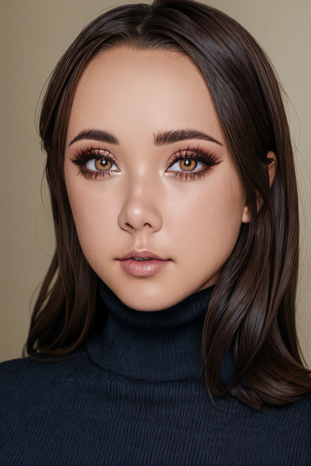mndngwmn, turtleneck sweater, , (ultra realistic, 8k,high quality), natural lighting, (wearing makeup:1.1),