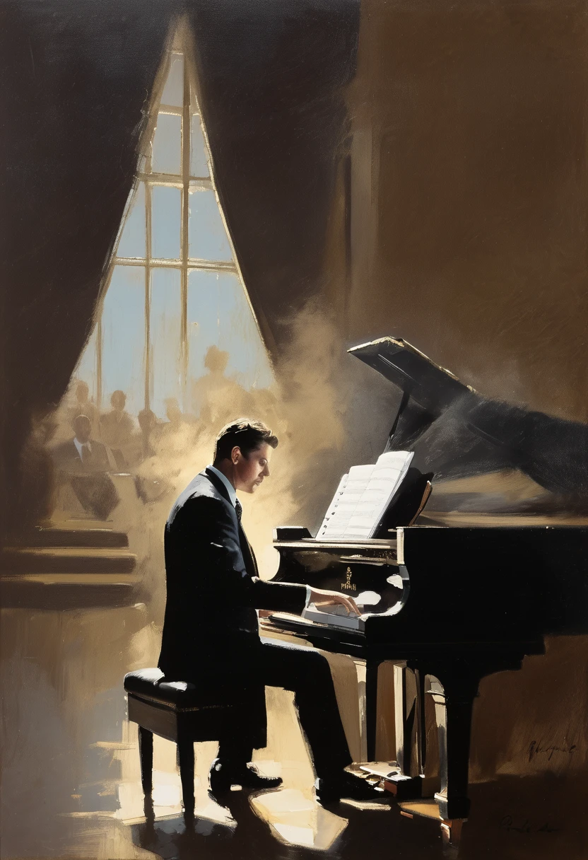 a painting, wearing a suit, playing the piano, on stage, in the spotlight, by Robert Maguire