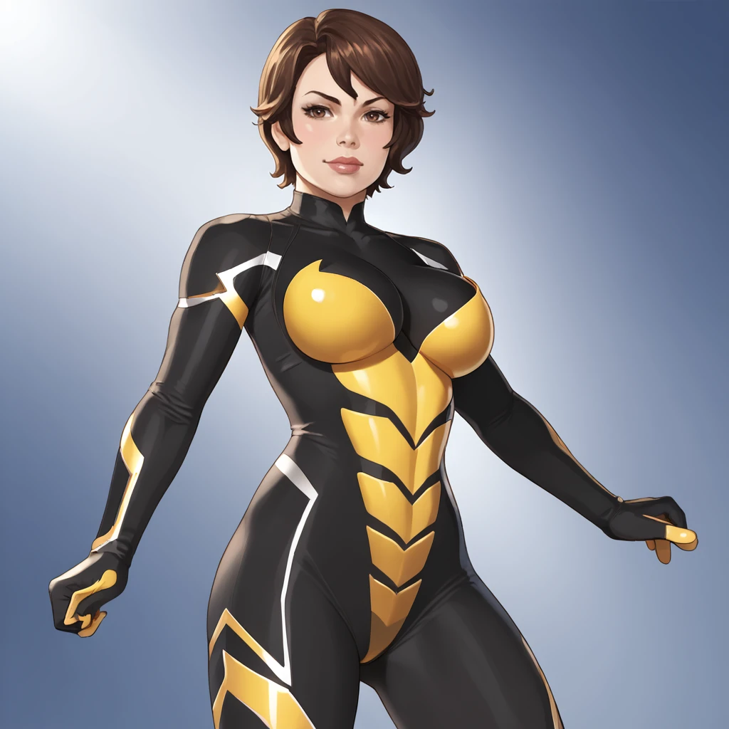 <lora:wasp_pony_v1:.9> waspjanet, 1girl, short hair, bodysuit, medium breasts, brown hair, brown eyes, lips, cowboy shot, giant breasts