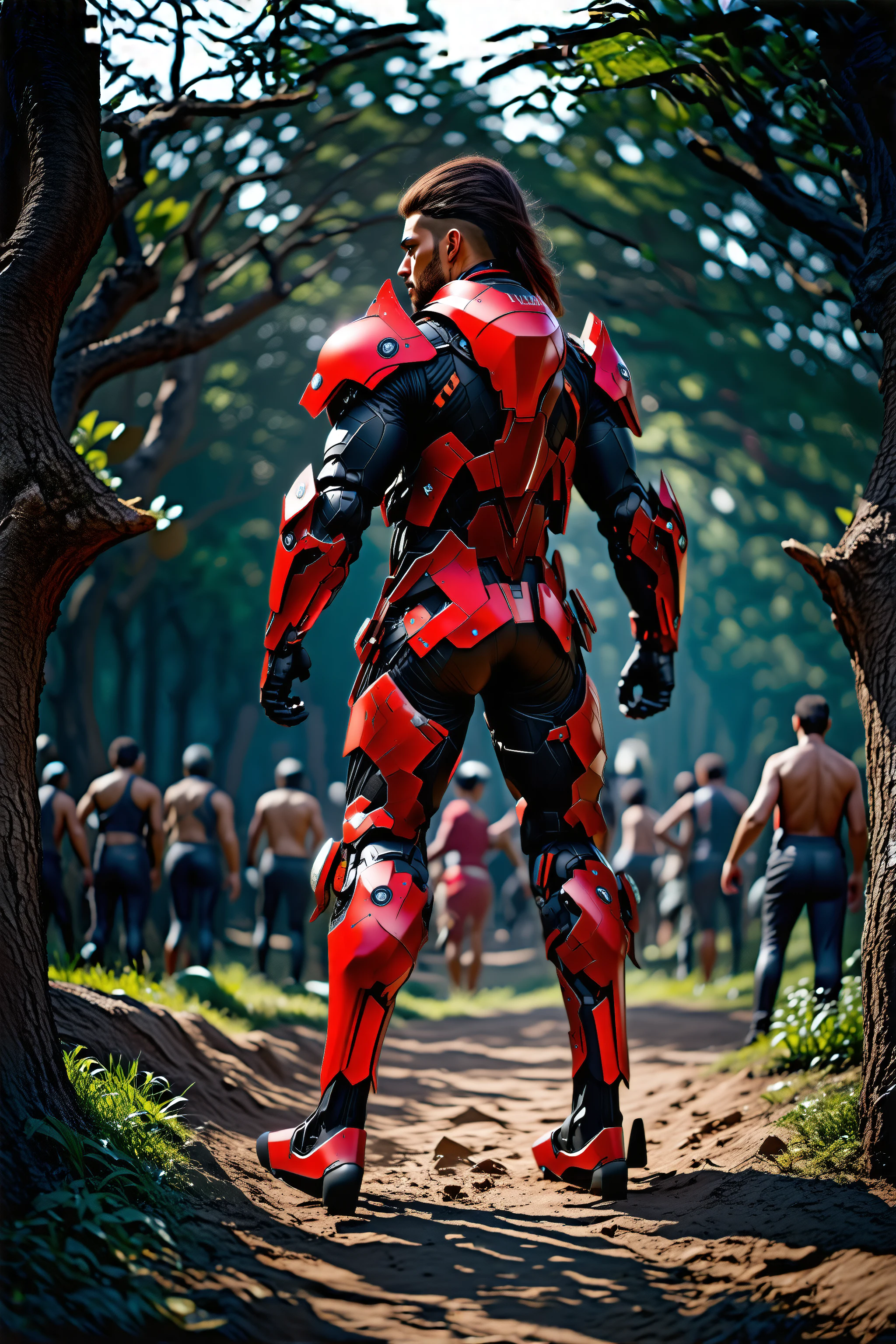 lower body, photorealistic 8k raw photography, (man in Neon Red hdsrmr armor:1.3), long hair, (chestnut undercut:1.2), Intricate details, ripped physique, Enhanced reflection, Dynamic stance, Fiery aura, Insane color palette, African Baobab Tree Groves background full of busy people, Shimmering reflections, Mysterious lighting, Intriguing setting