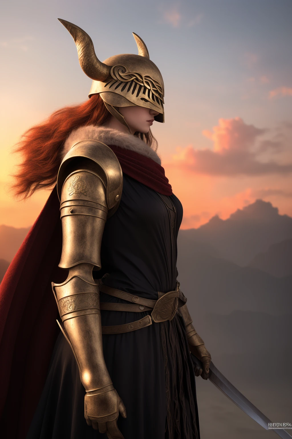 Best_QualityPos, RAW photo, intricate details, best quality, 8k uhd, soft lighting, 1girl, solo, malenia_phase_1, armor, helmet, long hair, cape, gauntlets, red hair, red cape, horns, feathers, sword, holding, holding sword, sunset <lora:mouth_slider_v1:-3> <lora:Malenia_Phase_1:0.5>