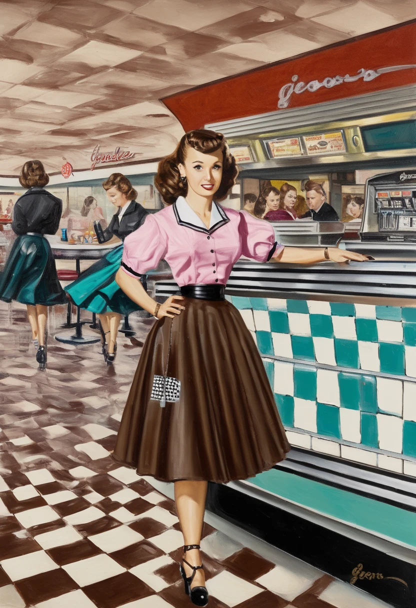 a painting, a portrait of a young woman, brown hair, poodle skirt, walking through a diner, checkerboard tile, jukebox, by George Gross