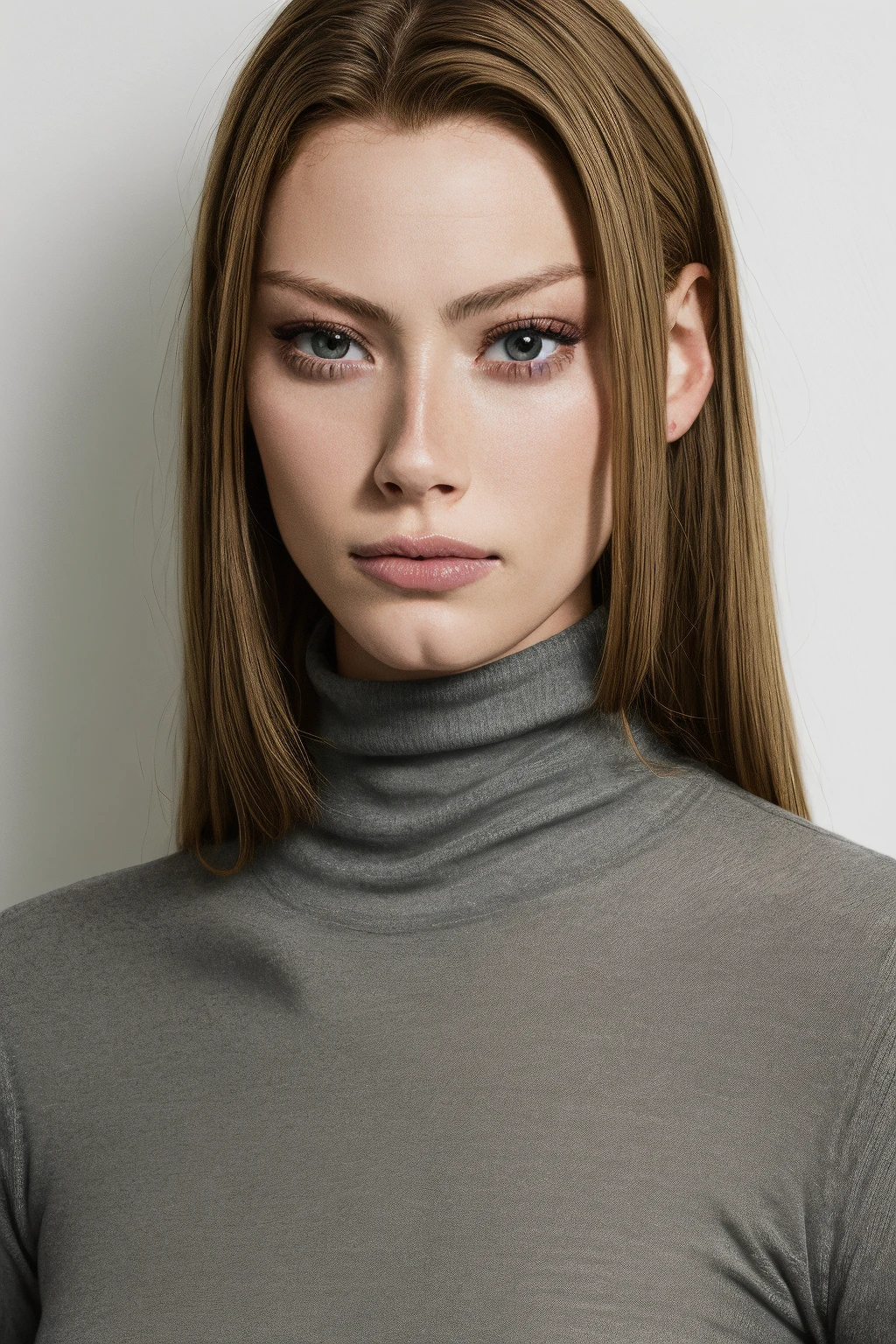 mndngwmn, (green eyes: 0.2)turtleneck sweater, , (ultra realistic, 8k,high quality), natural lighting, (wearing makeup:1.1),