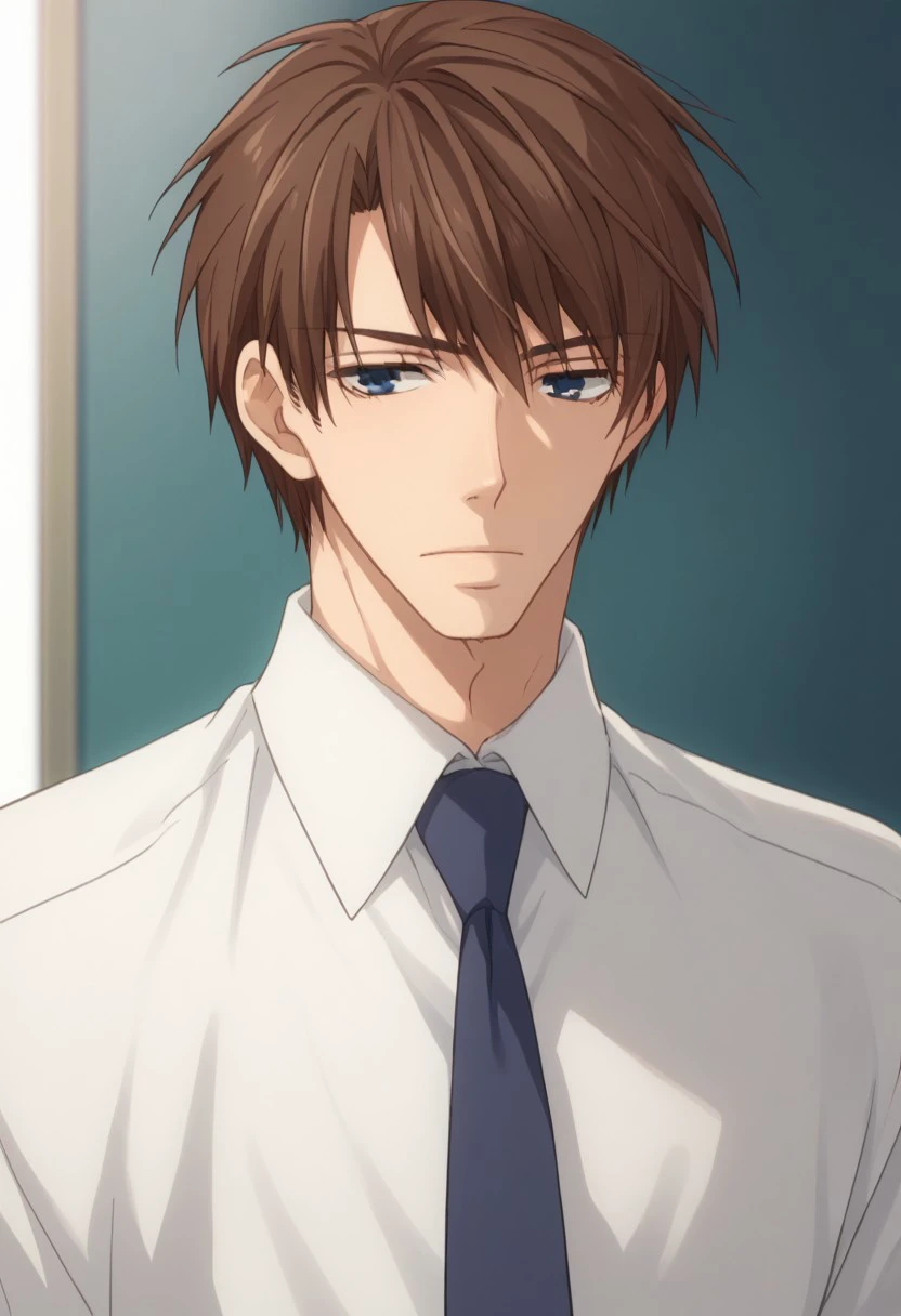 score_9, score_8_up, score_7_up, source_anime, highly detailed, 
hatori, 1boy, male focus, solo, necktie, brown hair, shirt, white shirt, upper body,
blue eyes, collared shirt,