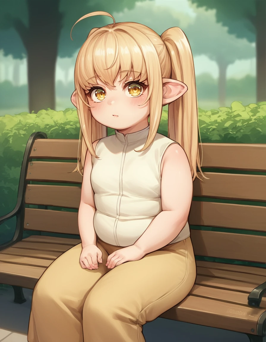 score_9, score_8_up, score_7_up, source_anime
1girl,small breasts,sleeveless shirt,brown pants,outdoors,park,sitting,bench
  <lora:kobo_(elf-san_wa_yaserarenai.) koto PonyXL:1>  kobsa, 1girl, pointy ears, long hair, ahoge, blonde hair, twintails,yellow eyes,plump,small breasts