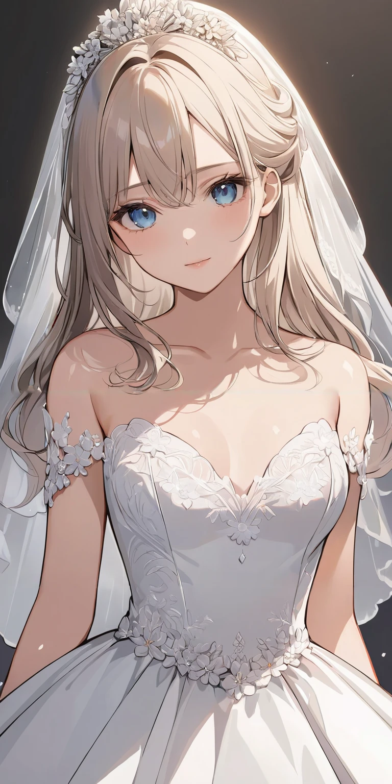 masterpiece,ultra-detailed,best quality,8K,illustration,cute face,clean skin ,shiny hair,girl,ultra-detailed-eyes,simple background, <lora:add-detail-xl:1> <lora:wedding dress_XL_V1.0:0.5> wedding dress, flower