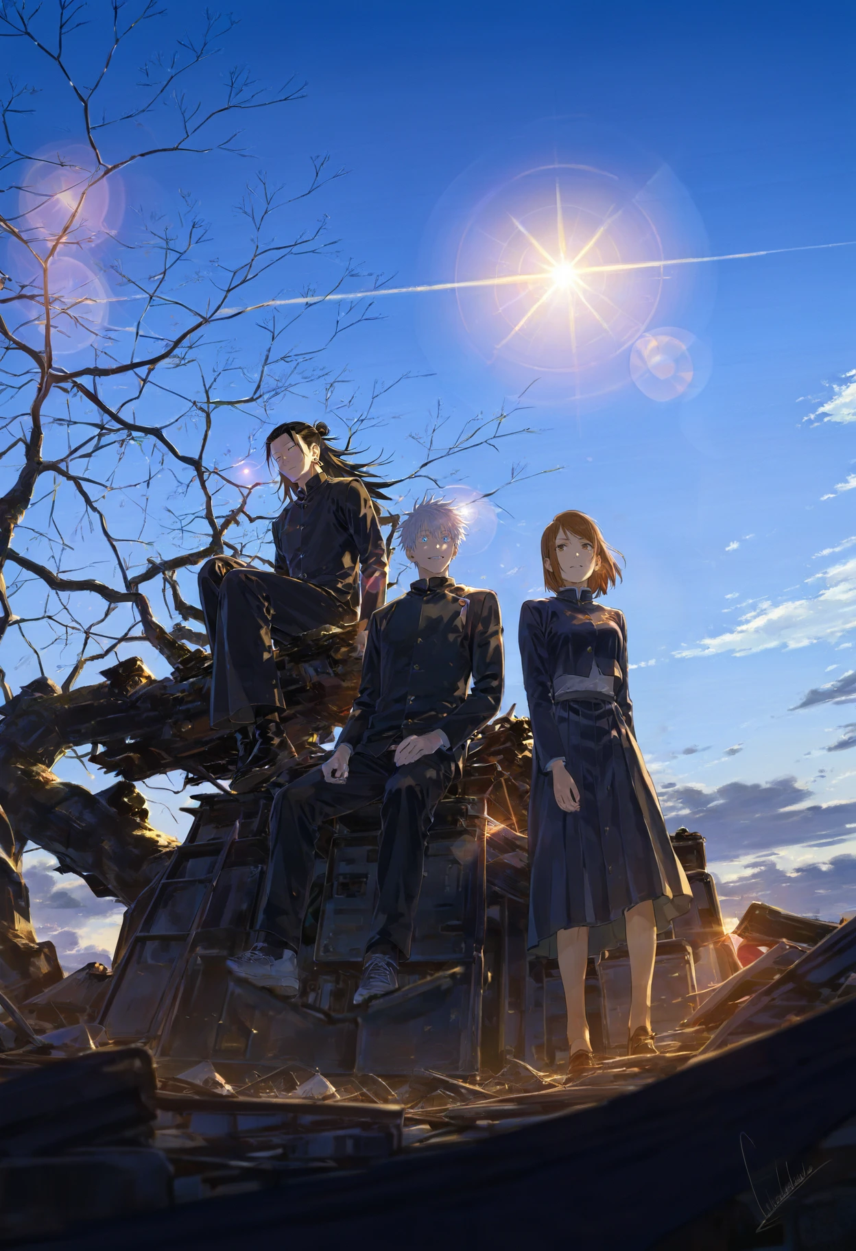 amazing quality, three people are sitting on top of a pile of rubble with the sun in the sky behind them, 1girl, 2boys, 1 gojou satoru, 1 getou suguru, 1 kugisaki nobara, gakuran, tree, sky, sun, outdoors, wind, motor vehicle, lens flare, <lora:loundraw:0.8>