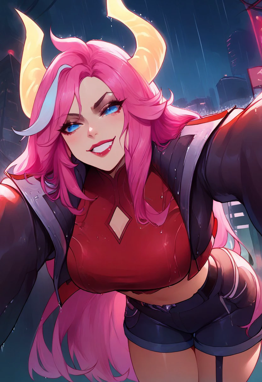 score_9, score_8_up, score_7_up, yellow glowing horns, blue eyes, 1girl, ultra detailed, city lights, large breasts, long hair, rain, neon lights, wet, pink hair, crop jacket, crop top,, midriff, stern look, shorts, bent over, looking over ou, shot from below, grin, face close up