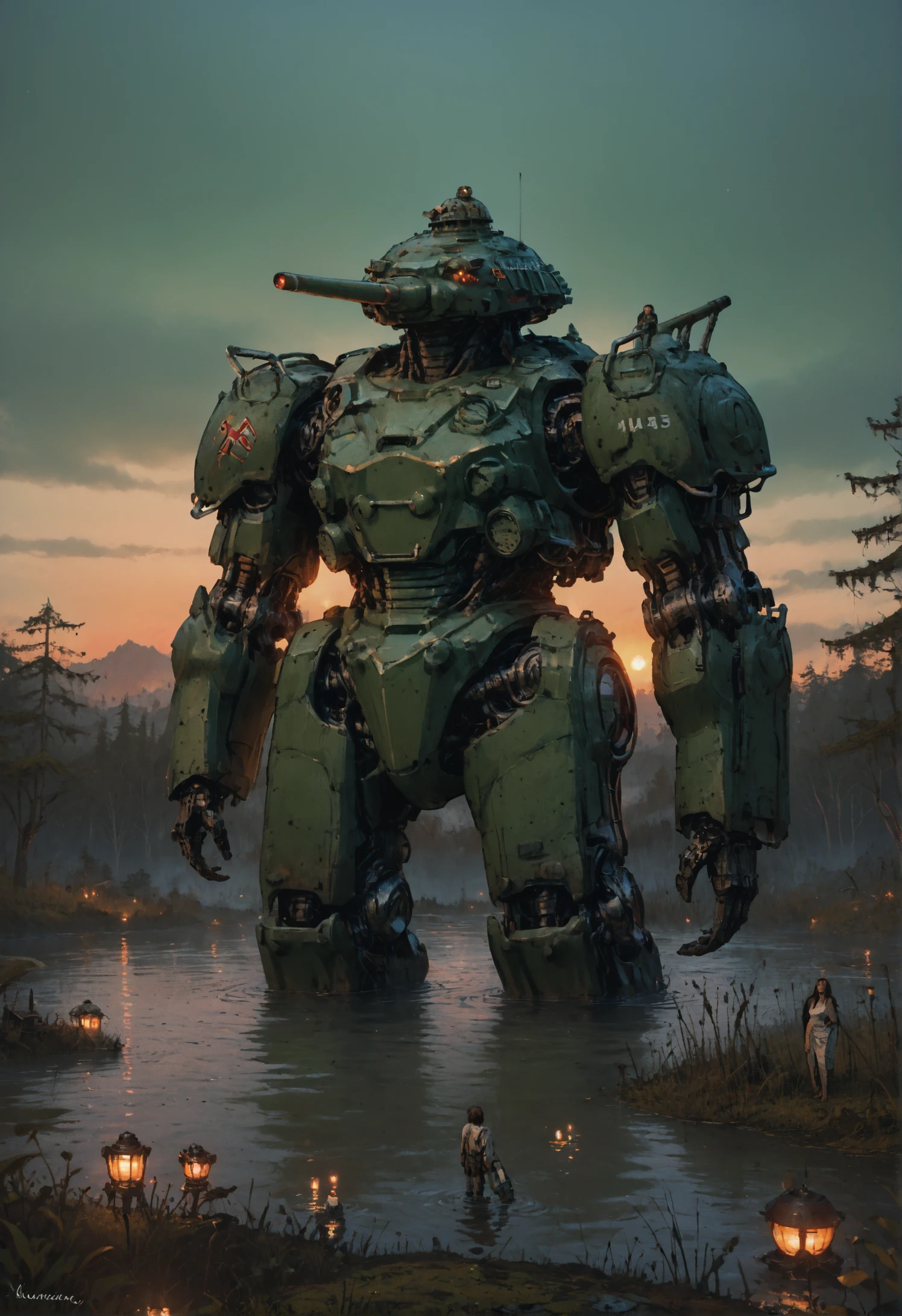 score_9, score_8_up, score_7_up,  <lora:MechaForge-000003:1> m3chaf0rge, giant, giant mech, mecha, bipedal mech, science fiction, sunset, tank, military mech, full body, legs, swamp, wetland, people,