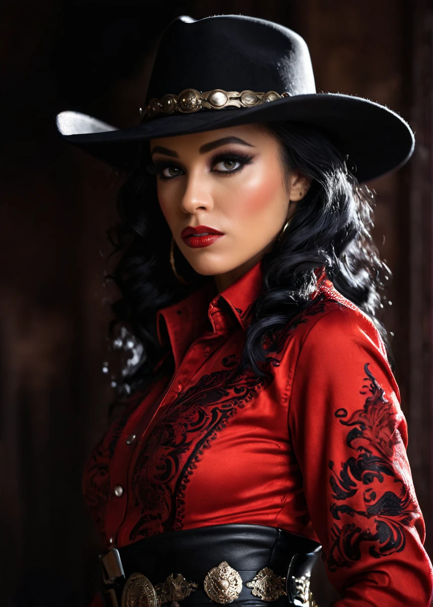 A captivating masterpiece of a woman, make up, (((cowboy shot))), glamour, dramatic, studio lighting, looking at viewer, background blurred, 8k, dragon, bloodwave, ornate clothing, high contrast, dramatic shadows, mysterious, cinematic,    <lora:MS_Anya_Ivy_V1_SDXL_r1:0.8>