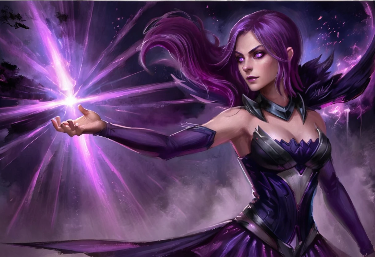 RPG Concept Art of Darklux, woman, striking purple eyes, standing, profile view, casting a magical beam of darkness <lora:Elementalist_Lux_Dark_-_SDXL:1>