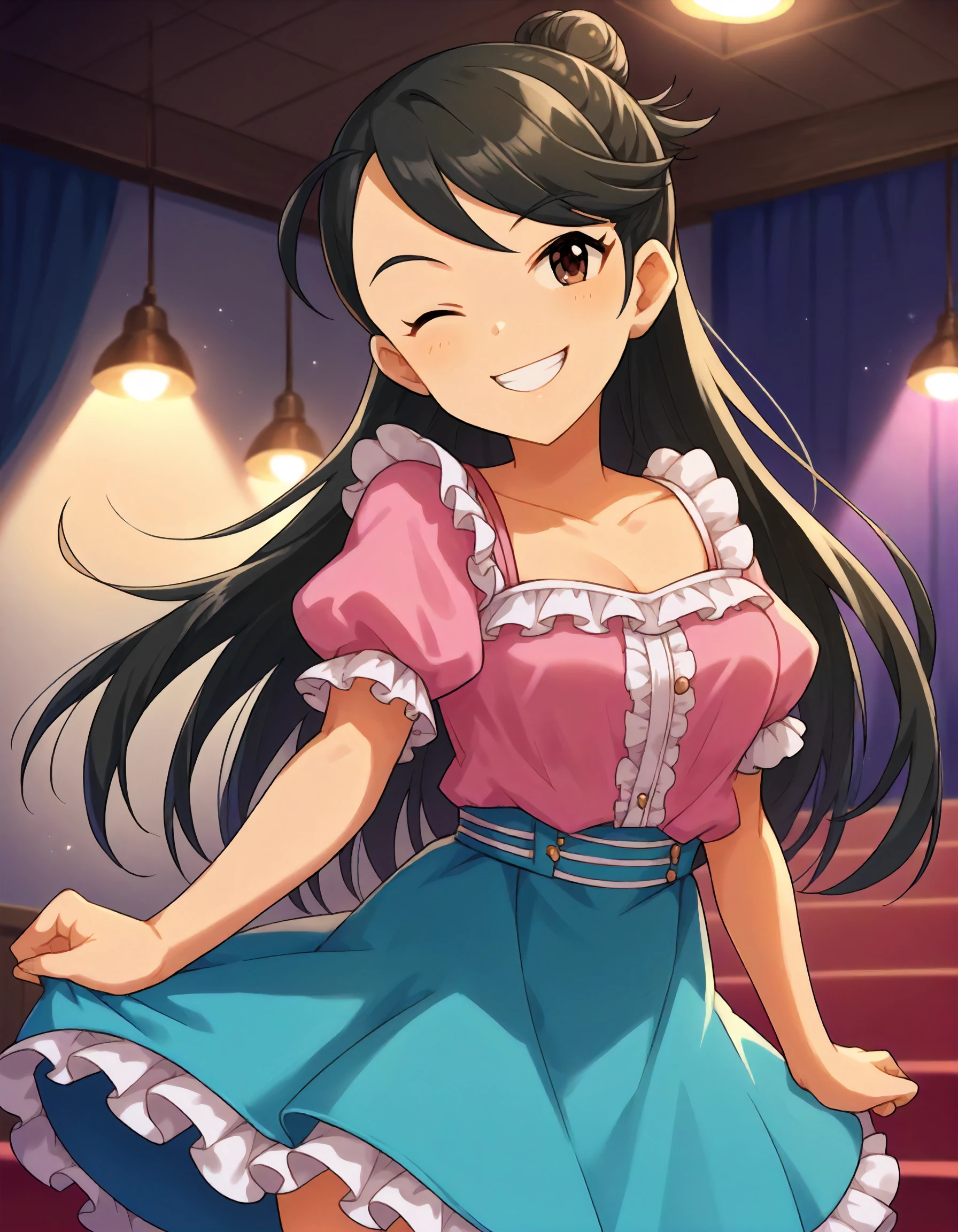 score_9,score_8_up,score_7_up,1girl,solo,cowboy shot,looking at viewer,smile,grin,wink,indoors,stage lights,
<lora:kirinoaya_ponyXLV6:0.8>,cgkray,black hair,long hair,single hair bun,brown eyes,
frills,pink shirt,puffy short sleeves,cyan skirt