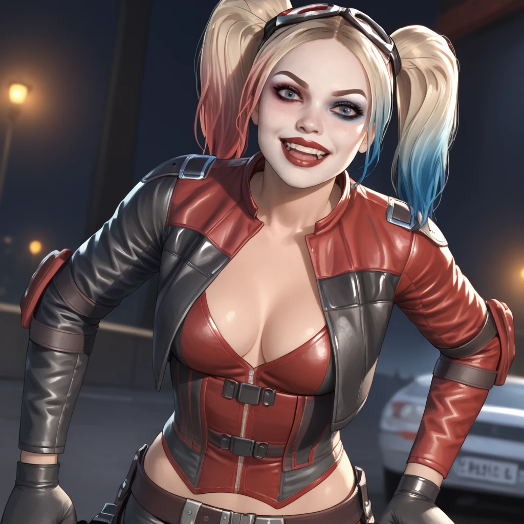 <lora:harleyquinninjustice2_pony_v1:.7> harleyquinninjustice2, 1girl, twintails, goggles on head, gloves, medium breasts, cleavage, jacket, makeup, lipstick, blonde hair, holster