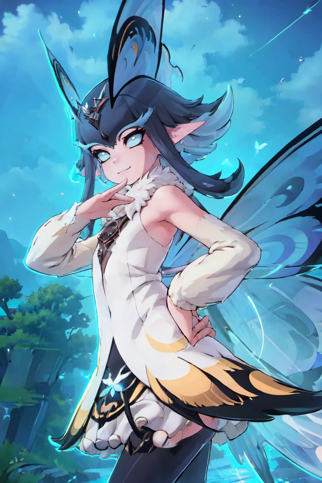 ((masterpiece,best quality)), absurdres,  BREAK, , <lora:Phantomfly_Azur:0.8>,     zzPhantomfly, looking at viewer, smile, fur collar, dress, wings, night, hands behind back, butterfly wings, , BREAK, side view, hip to the side, contrapposto,, BREAK, solo, smile, looking at viewer, cowboy shot,