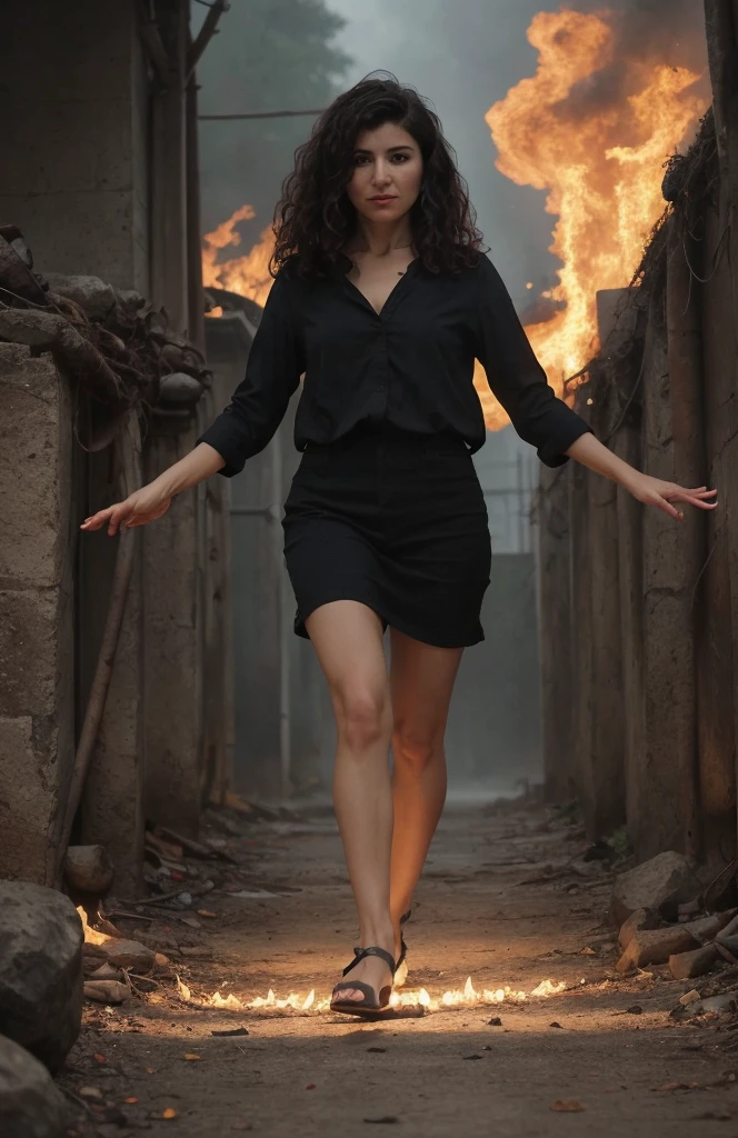 professional absurdres intricately detailed sharp focus full body photograph of
(Ebru Kaymakçı:1.1) with a sly look and wavy haircut and a thin face, levitating over a path of red hot coals,
 <lora:Ebru Kaymakçı:0.8>