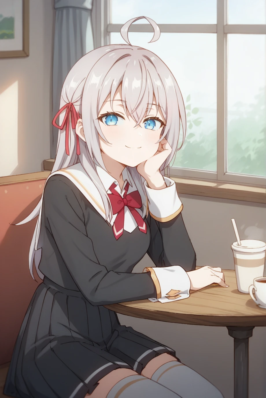 score_9, score_8_up, score_7_up, score_6_up, score_5_up, score_4_up, BREAK source_anime, 1girl, solo,
<lora:MikhailovnaXL-v1-07:0.7>, ChopioAlisa, grey hair, long hair, ahoge, hair between eyes, crossed bangs, hair ribbon, blue eyes, looking at viewer,
outfit_1, white sailor collar, black dress, bowtie, long sleeves, sleeve cuffs, pleated skirt, white thighhighs, zettai ryouiki,
cafe, window, potted plant, table, head rest,
sitting, smile,