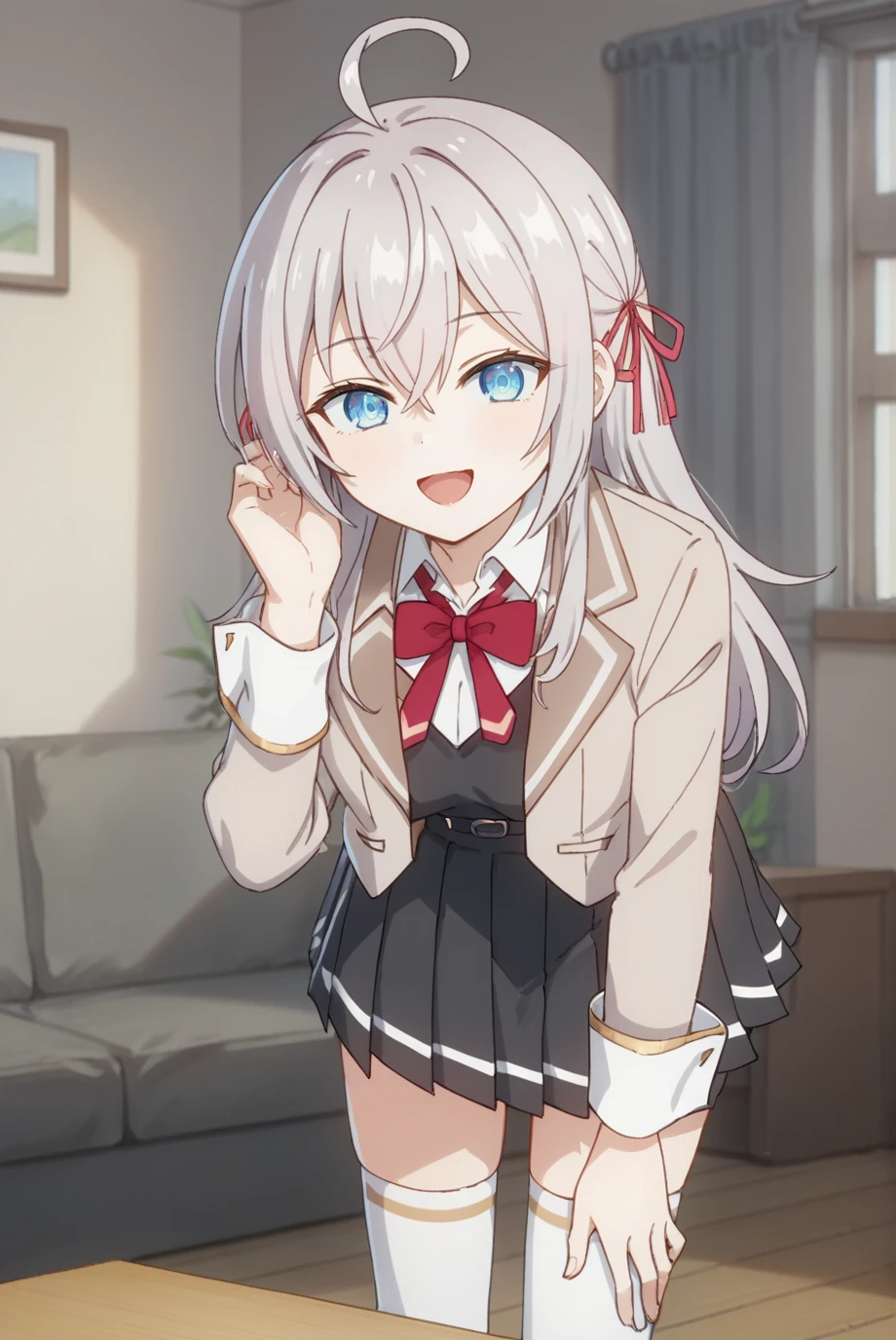 score_9, score_8_up, score_7_up, score_6_up, score_5_up, score_4_up, BREAK source_anime, 1girl, solo,
<lora:MikhailovnaXL-v1-07:0.7>, ChopioAlisa, grey hair, long hair, ahoge, hair between eyes, crossed bangs, hair ribbon, blue eyes, looking at viewer,
outfit_1, beige jacket, cropped jacket, open jacket, long sleeves, bowtie, white collar, black dress, sleeve cuffs, pleated skirt, white thighhighs, zettai ryouiki,
living room, standing, smile, leaning forward, open mouth, hand on thigh, adjusting hair,