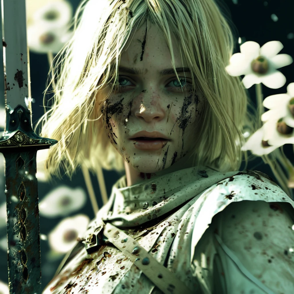 Super Closeup Portrait, action shot, Profoundly dark whitish meadow, glass flowers, Stains, space grunge style, Jeanne d'Arc wearing White Olive green used styled Cotton frock, Wielding thin silver sword, Sci-fi vibe, dirty, noisy, Vintage monk style, very detailed, hd