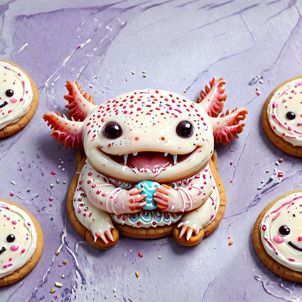 axomodelxl, cookie art, flat cookies with icing with simple cartoon cute axolotl face design,