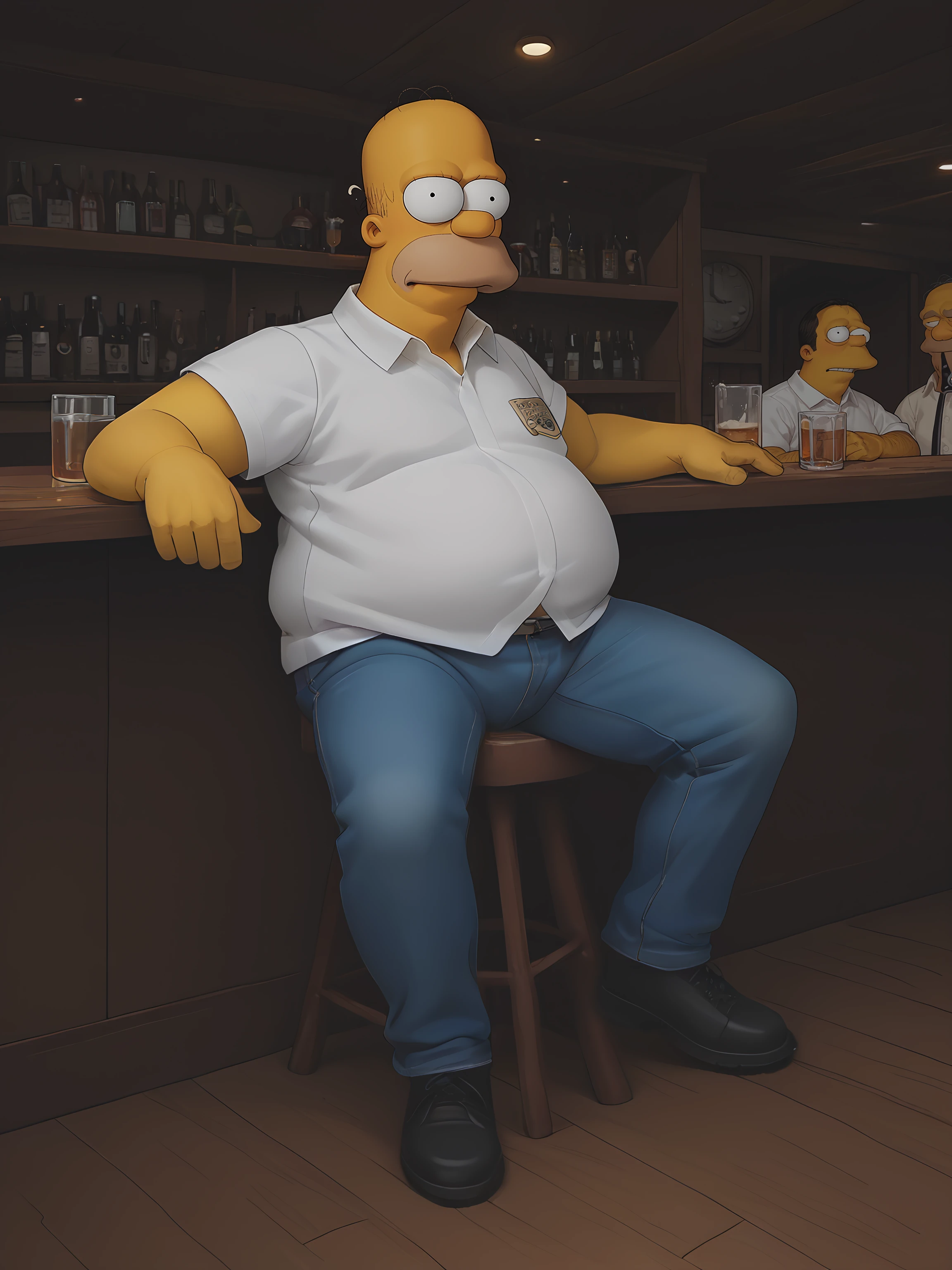 score_9, score_8_up, score_7_up, score_6_up, male,<lora:SimpsonMerge:0.7> the simpsons, homer simpson, barkeeper, moe, moes tavern, yellow skin, ugly bastard, overweight, white shirt, jeans, dot eyes, round_eyes, source_cartoon, indoors, wooden floor, bar stool, bar, alcohol, drunk, pub,