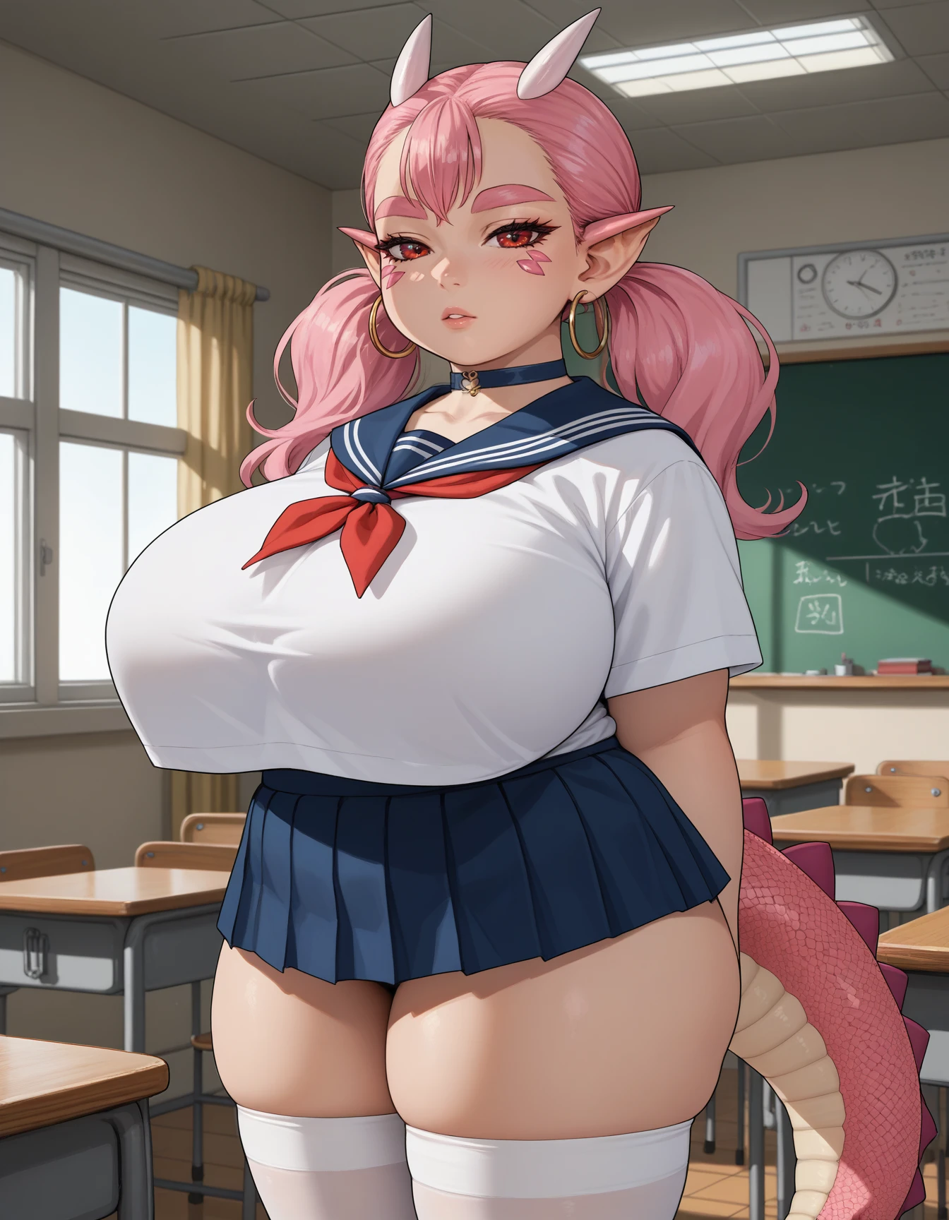 score_9, score_8_up, score_7_up, source_anime
1girl,huge breasts, thick thighs,standing,  twintails,serafuku, white thighhighs,skindentation, expressionless, parted lips, indoors,classroom,choker,hoop earrings,
<lora:gonda_(elf-san) koto PonyXL:1> gonda, pointy ears, horns, dragon girl, facial mark, dragon tail, long hair, thick eyebrows, pink hair, plump,red eyes