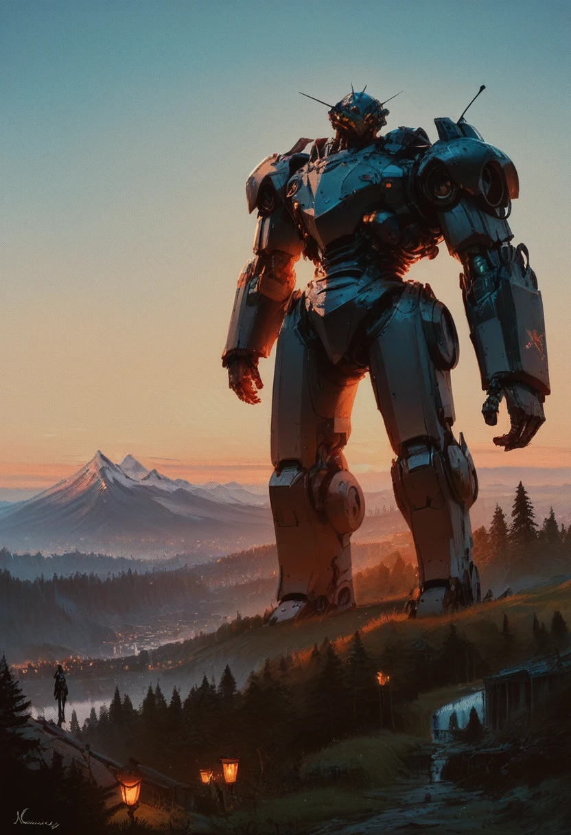 score_9, score_8_up, score_7_up,  <lora:MechaForge-000003:0.8> m3chaf0rge, mecha, bipedal mech, sunset, full body, legs, tree, landscape, scenery, people,