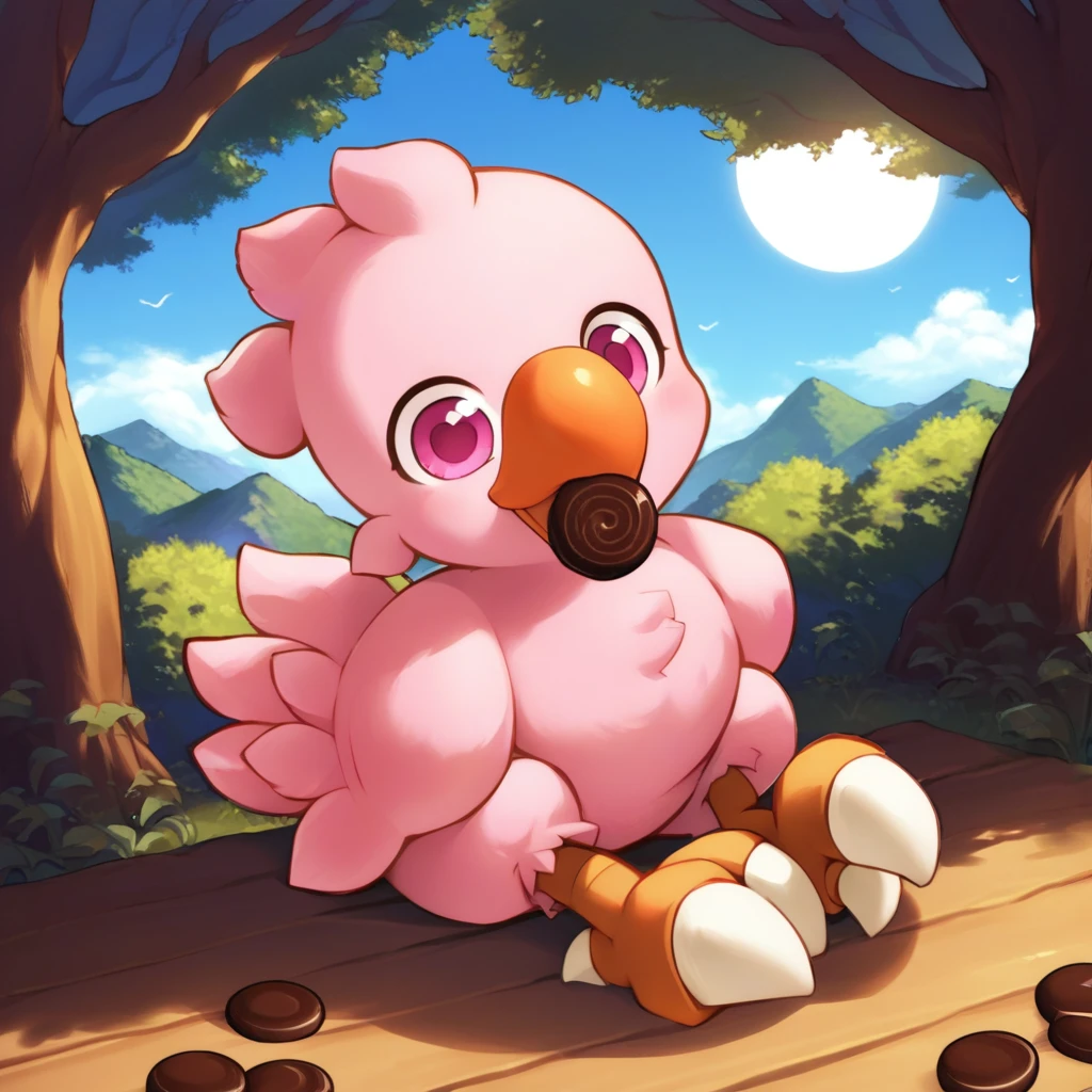 score_9, score_8_up, score_7_up, source_anime BREAK
forest, cotton candy trees, sky, sun, chocolate river
ch0c0b0, light pink feathers, orange beak, pink eyes, light pink wings, light pink tailfeathers, bird feet, white talons, light pink bird tail, chibi, bird
happy, mouth open, eating chocolate, sitting
 <lora:Cute_Chocobo:1>
detailed background, beautiful scenery
<lora:add-detail-xl:1>