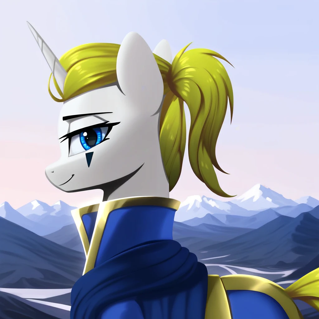 masterpiece, score_9, score_8_up, score_7_up, (best quality:1.1), ultra-detailed, high resolution, solo, 1character, Honoria Goldmane, unicorn, pony, feral, mare, white skin, fluffy pony ears, horn, yellow mane, tail, ponytail, feral, female, mare, smile, (((beautiful detailed blue eyes)), blue cape, 2black Isosceles triangles on the cheek, looking at you, long eyelashes, Highly Visible, (((8k))), upper body, leader portrait, from Equestria at War, outside, sky, (mountains in the background), sharp focus, perfect lighting, shiny, detailed outfit, anatomically correct, extremely detailed, shine on body, high detail, Expressiveh, detailed background