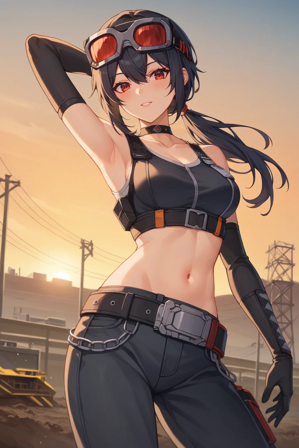 score_9, score_8_up, score_7_up, source_anime, 1girl, prefect lighting, very aesthetic, intricate details, highly detailed background, masterpiece, high quality, prefect hands, best quality, solo,
<lora:Grace_Howard_ZZZ_V1:.85>, KJOgrace, low ponytail, black hair, red eyes, hair between eyes, sidelocks,
choker, tank top, navel, black pants, belt, elbow gloves, goggles on head,
cowboy shot, dutch angle, hand behind head, seductive smile, blush, head tilt,
industrial, construction site, sunset,
(Beautiful, medium Breasts:1.2), natural breasts,