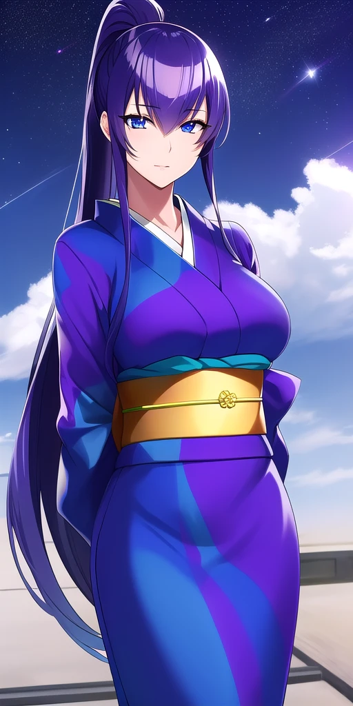 <lora:SaekoV2:0.7> busujima_saeko, large_breasts, standing, solo, arms_behind_back, starry_sky,  multicolored_kimono_blue_kimono_obi, ponytail, masterpiece, best_quality, detailed_face, detailed_eyes, highres, beautiful, detailed, absurdres,