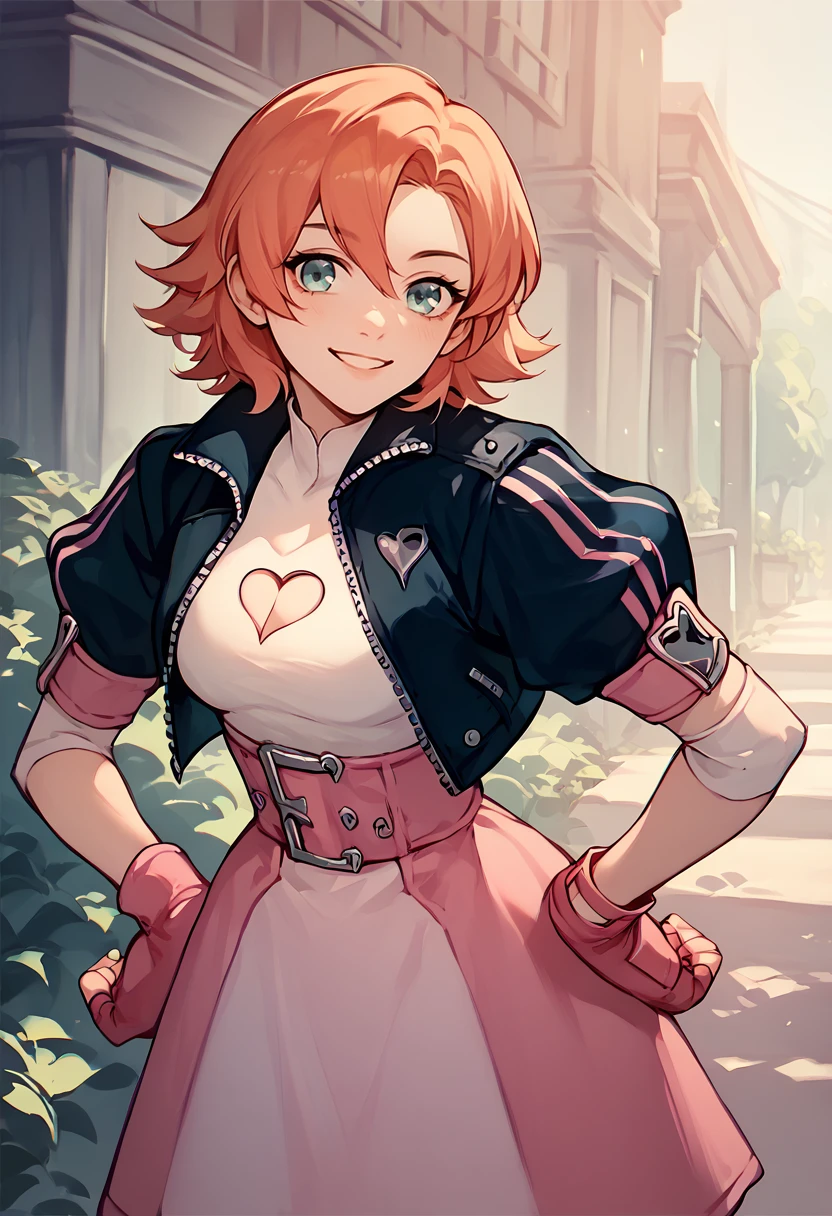 score_9, score_8_up, score_7_up, solo, 1girl, n0ramistral, smile, looking at viewer, standing, hands on own hips, black jacket, cropped jacket, puffy short sleeves, white shirt, cleavage cutout, heart cutout, pink gloves, fingerless gloves, pink skirt, outdoors <lora:rwby_noravalkyrie_ponyXL:1>