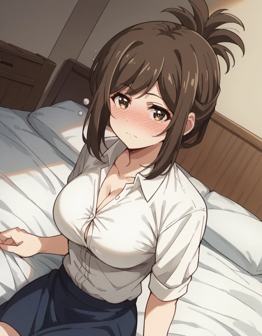 score_9, score_8_up, score_7_up, source_anime, <lora:kana-kojima-s1-ponyxl-lora-nochekaiser:1>, kana kojima, brown hair, brown eyes, folded ponytail, large breasts,, shirt, cleavage, white shirt, skirt,, indoors, bed, bed room, on side, blush, drunk, looking at viewer, solo,, cowboy shot, dutch angle