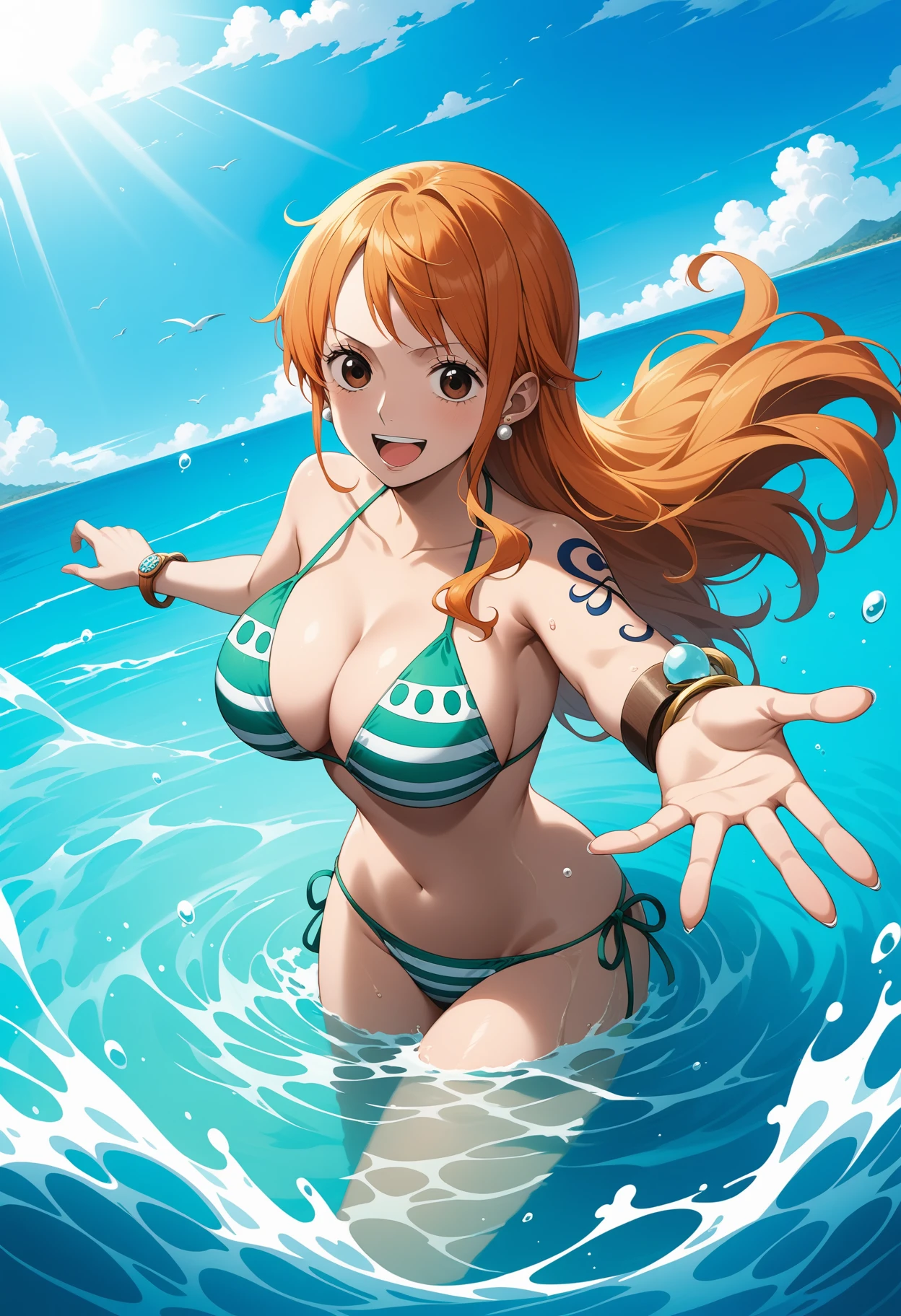 (masterpiece, best quality, very aesthetic, ultra detailed), intricate details, 4k, aanami, long hair, orange hair, earrings, brown eyes, shoulder tattoo, breasts, collarbone, bare shoulders, cleavage, striped bikini, green bikini, bracelet, <lora:nami_animagine_v1:0.9>, partially submerged, standing, cowboy shot, outstretched arm, reaching, smile, open mouth, in water, splashing, ocean, sky