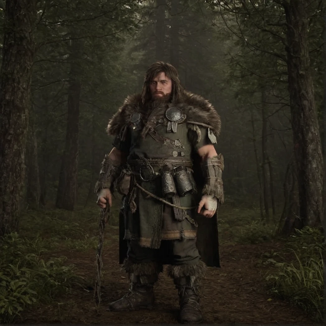 1boy, solo, walking, Druid, fantasy armor, full armor, fur cape, fur leather boots, rope belt, trinkets on belt, gauntlets of wood, Front-facing, Front, moody forest, (UHD, 8K, ultra detailed, looking at the camera, highly detailed, best quality, best aesthetic, high detail, amazing detail, masterful, work of a master, highly detailed background, shallow depth of field, photorealistic, RAW image, 
8k high resolution, ray tracing, realistic, mid day, volumetric lighting), badneg-xl, medium shot, mid shot, 