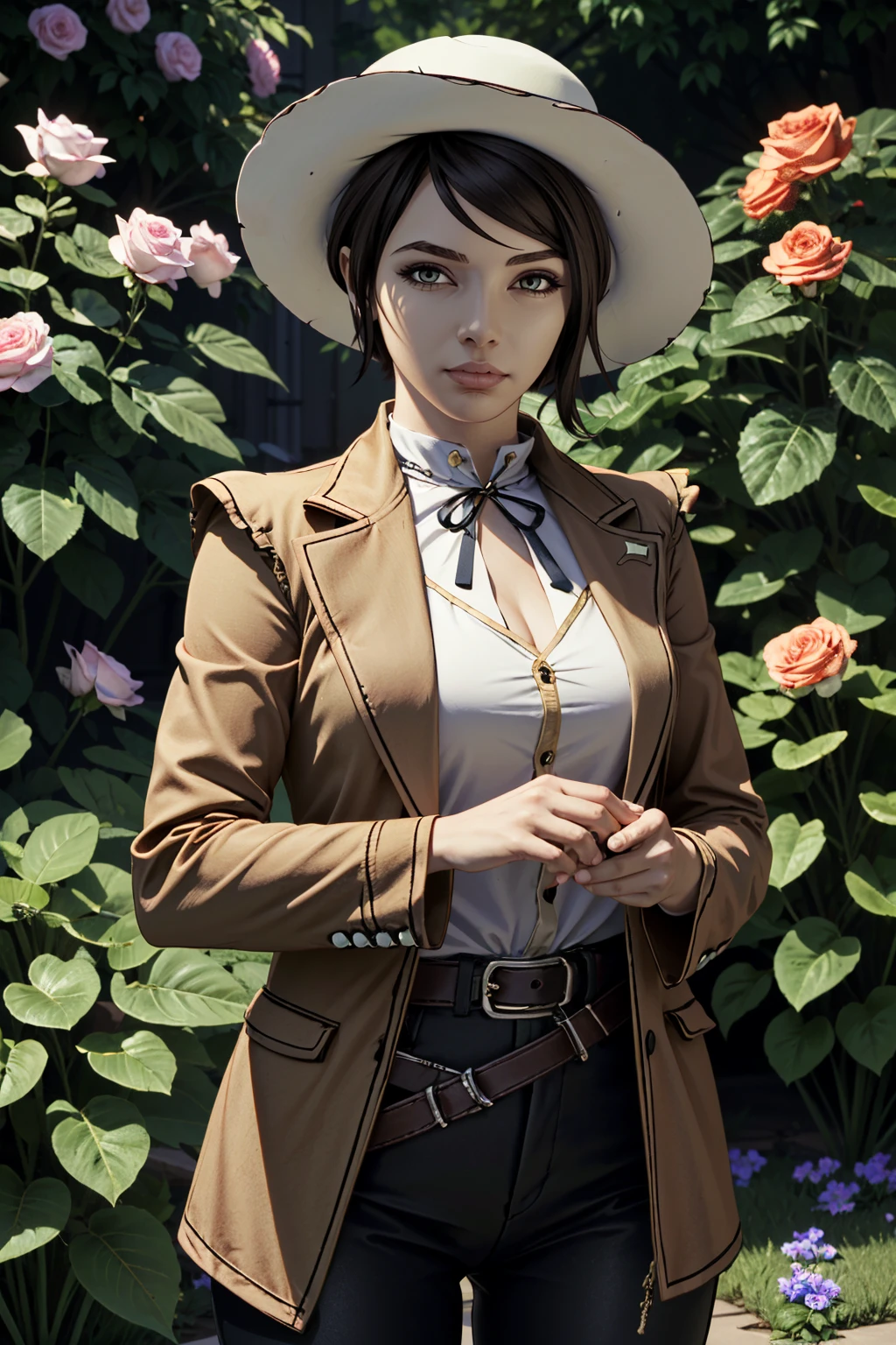 ((ultra detailed, masterpiece, absurdres))
 <lora:BFiona:0.8>
BFiona, 1girl, short hair, brown hair, hat, looking at viewer, rose garden, gardening, floral background