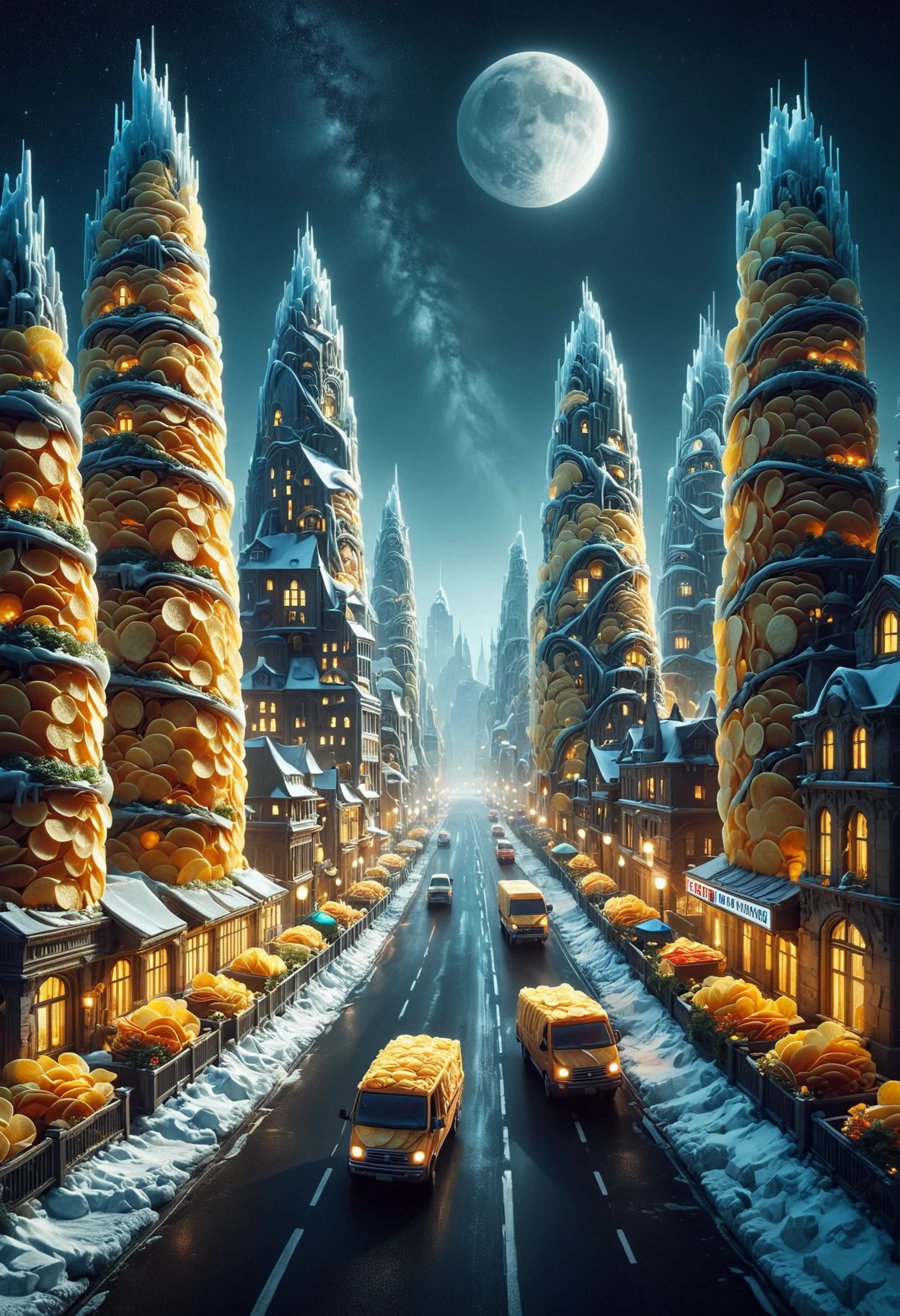 Toyota, it is Ice Age, city street and Cedar background, Moon in the night, Direct light, trending on artstation, pixabay, contemporary, highly decorated, epic atmosphere, creative, highly detailed, imposing, radiant, made out of potato chips, <lora:PinkiePttChpsSDXL-v1:1>, p1nkch1ps,