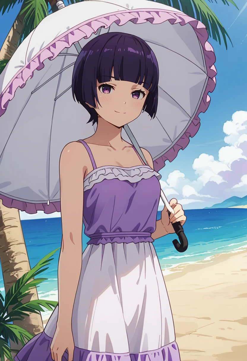 score_9,
<lora:EromangaSensei_SenjuMuramasaXL:0.8>, SenjuMuramasa,
1girl, solo, closed mouth, light smile, light blush,
purple hair, bob cut, blunt bangs, purple eyes,
MuramasaDress, frilled dress, sleeveless, white dress, purple dress, 
standing, looking at viewer, holding umbrella, white umbrella,
outdoors, beach, palm tree