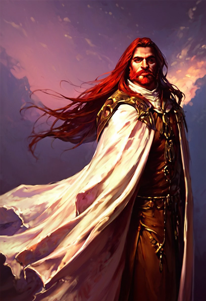 score_9, score_8_up, score_7_up, justin_sweet_style illustration of 1boy, solo, wizard, cloak, mage robe, white cape, red beard, black long hair, no amor, dark fantasy, realistic, EasyNegativeV2