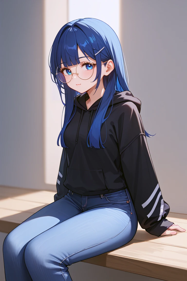 masterpiece,score_9,score_8,source_anime, PelaBren, 1girl, long hair,bangs, blue eyes, blue hair, glasses, round eyewear, semi-rimless eyewear, hairclip, small breasts,
black hoodie, blue jeans, sitting<lora:EMS-384508-EMS:0.500000>, <lora:EMS-433994-EMS:0.800000>