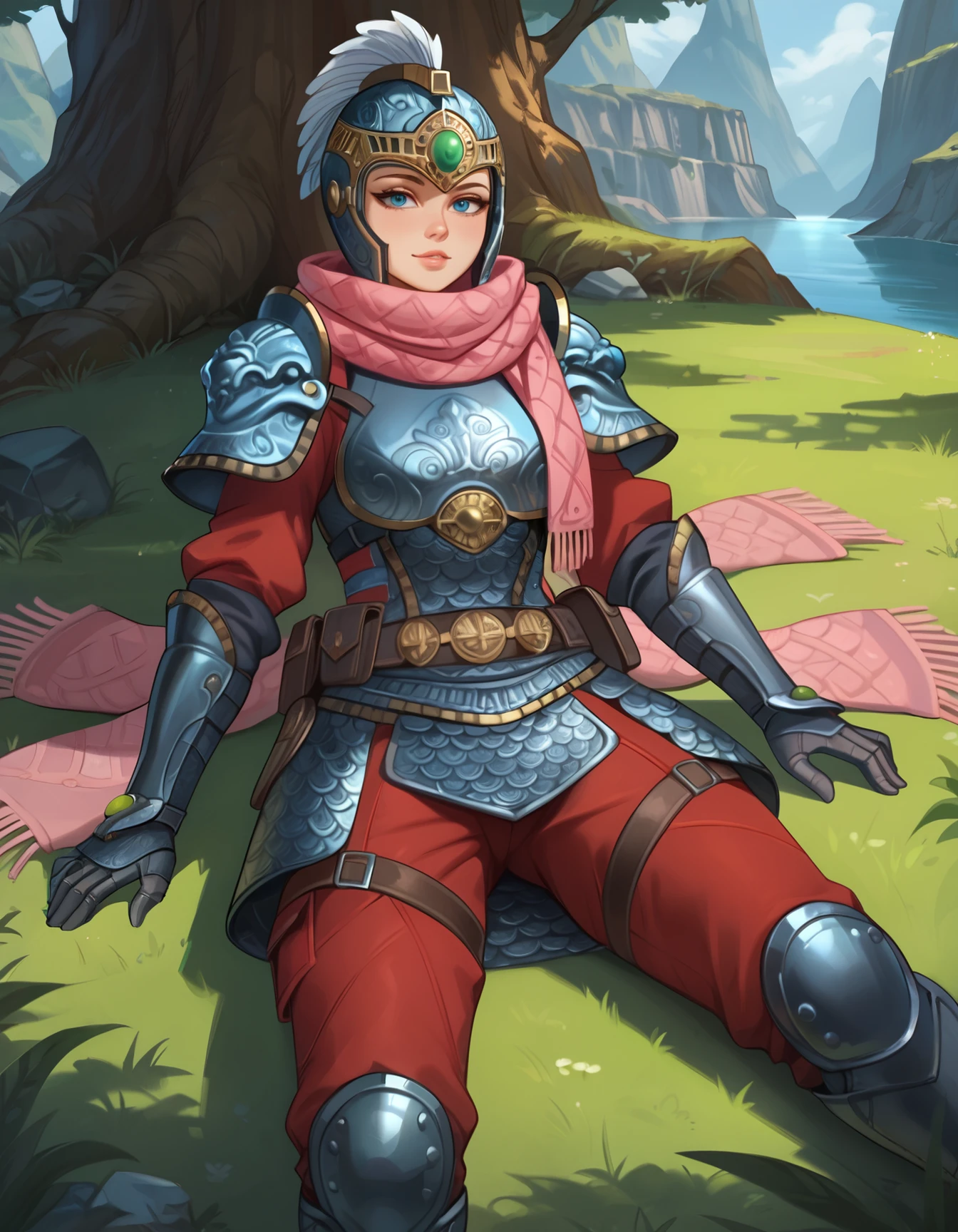 (embedding:Pony\Pony_PDXL_Negative_Embeddings\zPDXL2),1girl,3mpr3ss,armor,belt,gloves,armored boots,shoulder armor,helmet,gauntlets,pouch,red scarf,pauldrons,knee pads,red pants,chainmail,breastplate,full armor,blue eyes,looking at viewer,feathers,greaves,science fiction,tlying on ground                                               <lora:MyTrainings\Temp\Wattson_The_Warrior_Empress_XL_Pony.safetensors:0.6>