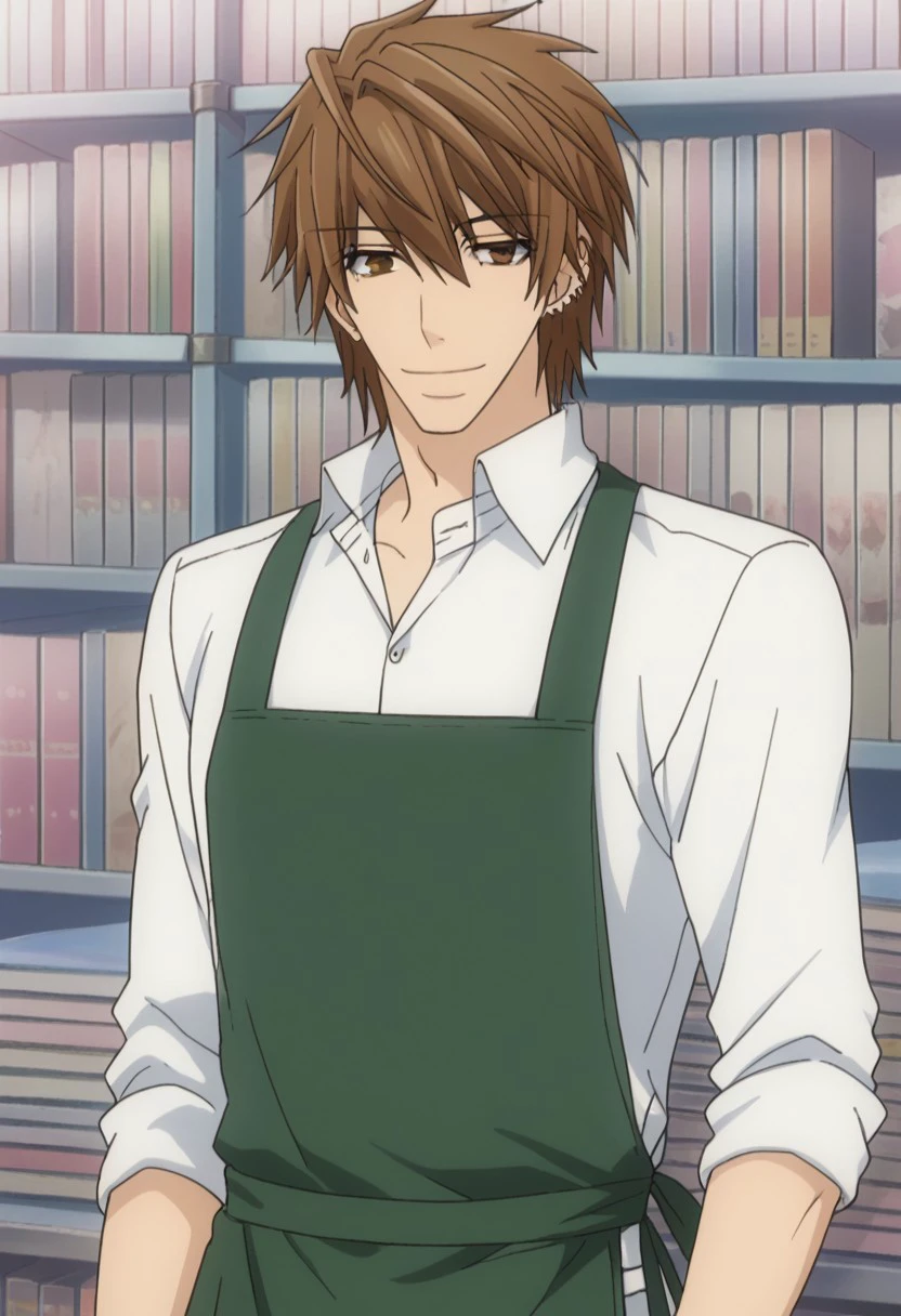 score_9, score_8_up, score_7_up, source_anime, highly detailed, 
yukina, 1boy, solo, male focus, brown eyes, brown hair, bookshelf, earrings, book,
jewelry, piercing, shirt, white shirt, collared shirt, apron, green apron, shop assistant, smile