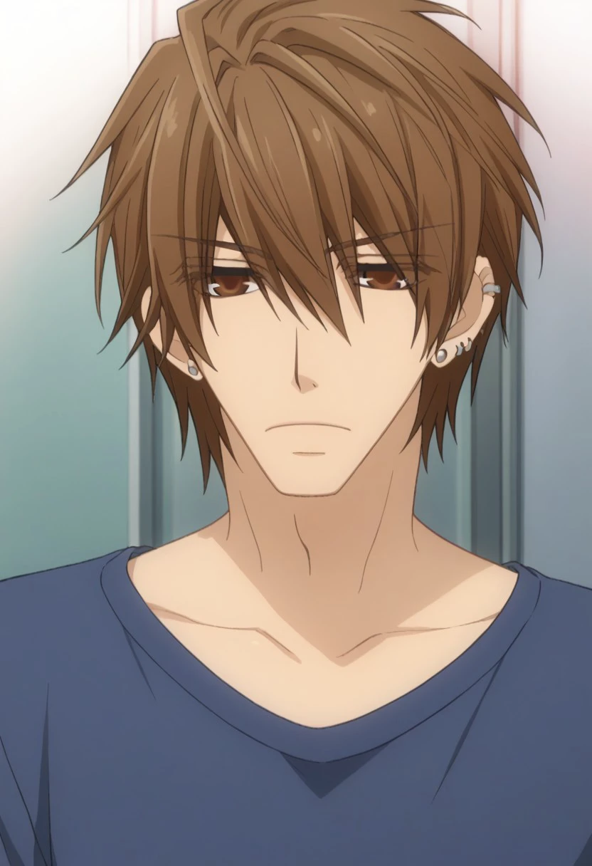 score_9, score_8_up, score_7_up, source_anime, highly detailed, 
yukina, 1boy, male focus, solo, brown eyes, brown hair, earrings, jewelry, shirt,
piercing, closed mouth, collarbone, ear piercing, blue shirt, eyes visible through hair, hair between eyes,