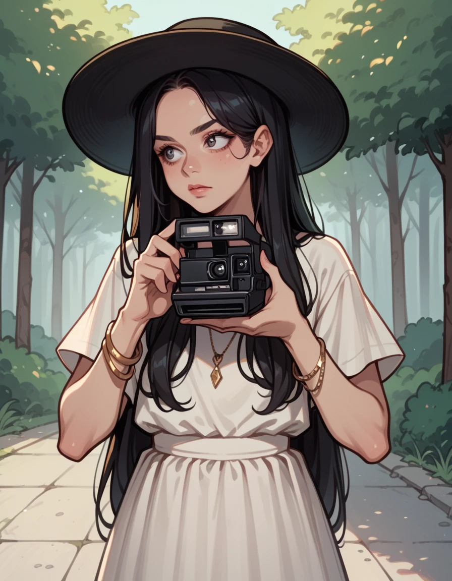 score_9, score_8_up, score_7_up, score_6_up, score_5_up, score_4_up, 1girl, solo, black hair, hat, jewelry, dress, bracelet, long hair, hud_pol4r0id, holding camera, <lora:pc-000008:1>