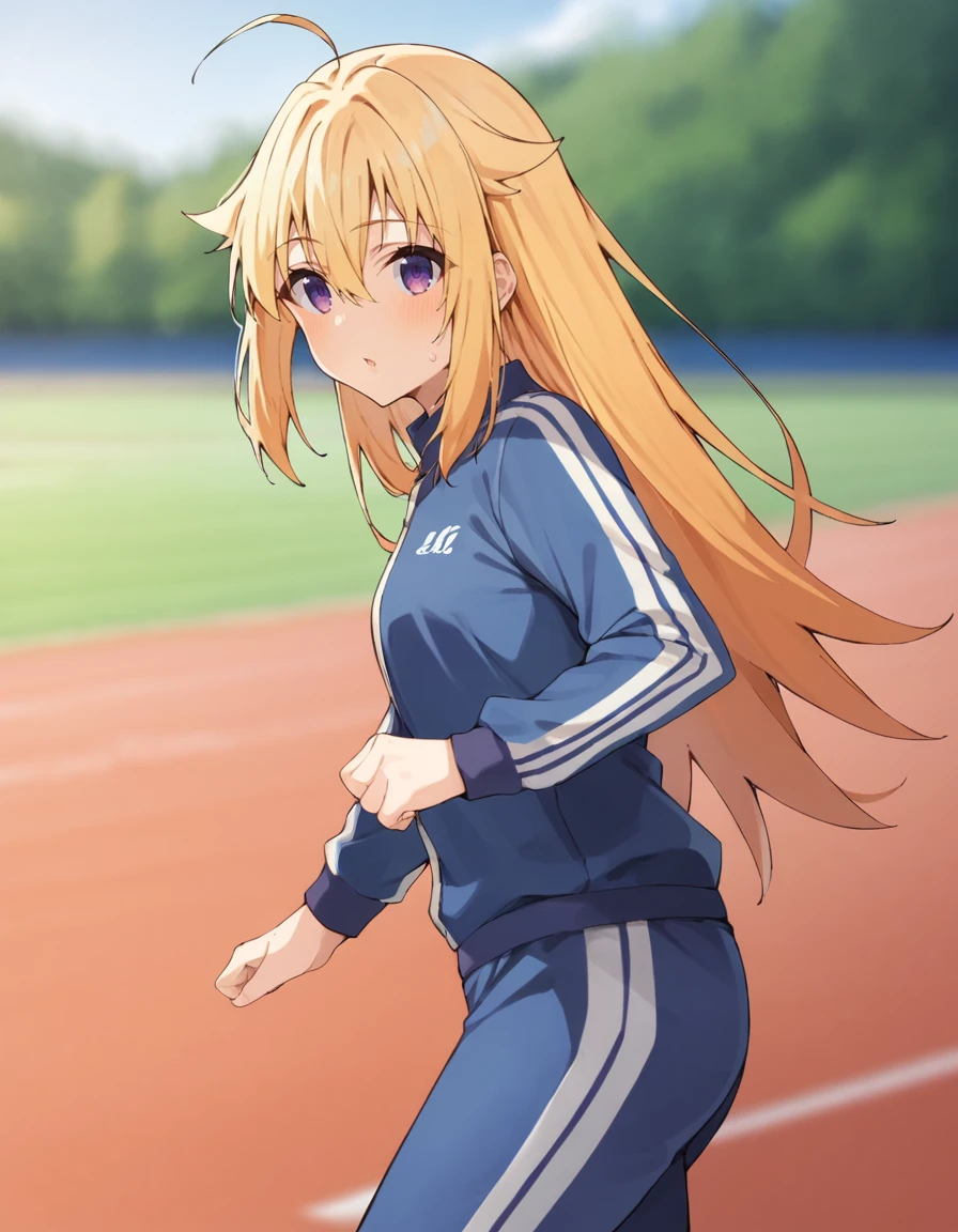 score_9, score_8_up, score_7_up, source_anime, blurry background, BREAK
1girl, solo, looking at viewer, cowboy shot, blurry background, outdoors, from side, track field,
torako koshi, blonde hair, long hair, ahoge, hair between eyes, hair flaps, purple eyes,
track suit, running, sweat,
<lora:torako_koshi_anime_v3-soralz:0.9>