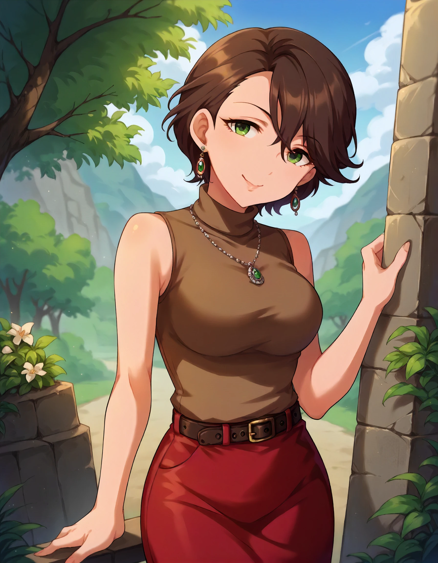 score_9,score_8_up,score_7_up,1girl,solo,cowboy shot,looking at viewer,smile,outdoors,
<lora:shinohararei_ponyXLV6:0.8>,cgsre,brown hair,short hair,green eyes,
earrings,necklace,turtleneck,brown sleeveless shirt,red skirt,belt