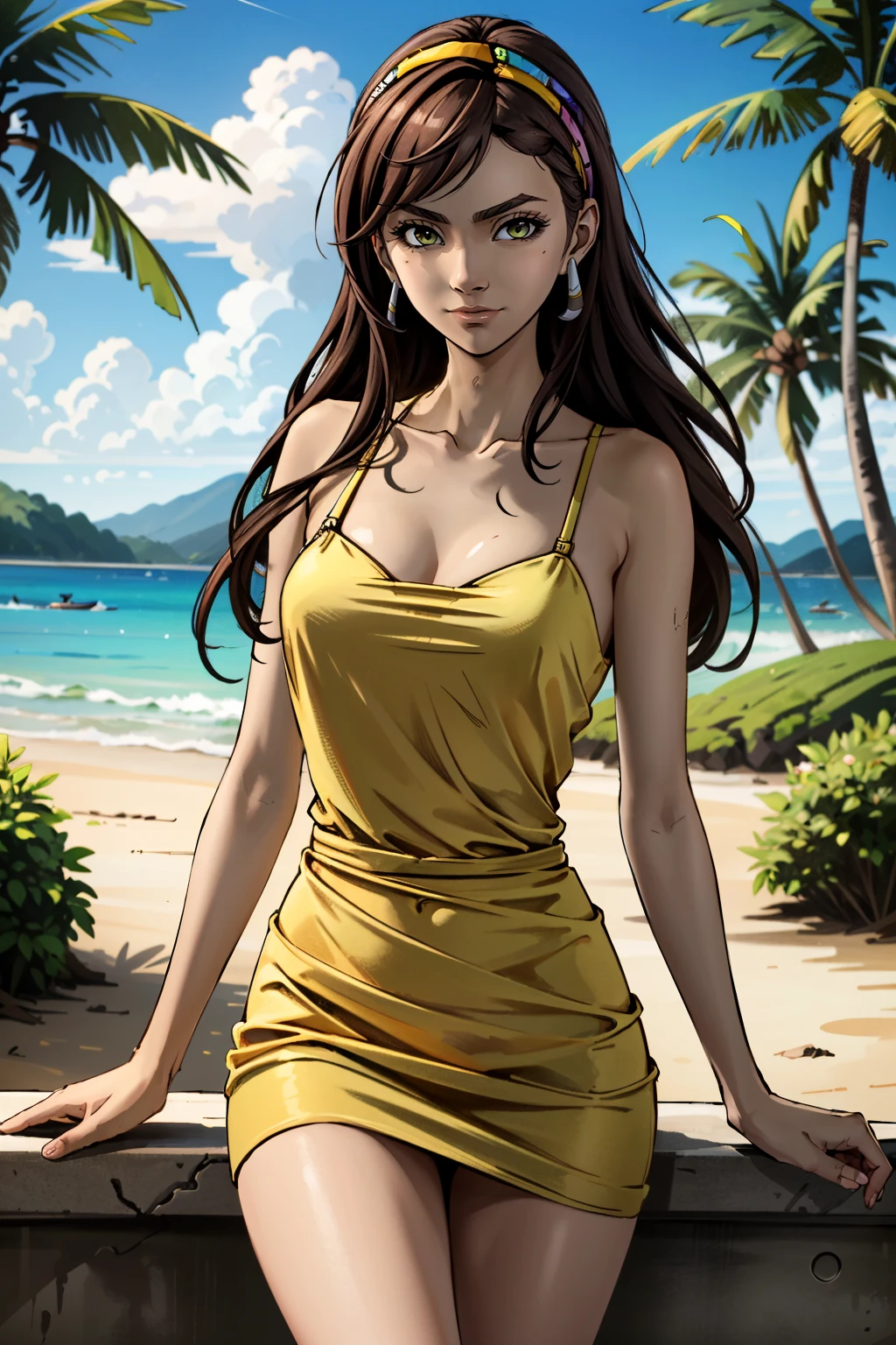 ((ultra detailed, masterpiece, absurdres))
 <lora:BSasha:0.8>
BSasha, 1girl, brown hair, long hair, looking at viewer, on a tropical island, sundress, palm trees