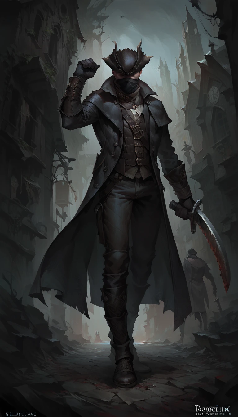 score_9, score_8_up, score_7_up, 1male  full body shot, dynamic pose,  holding sword, dark alley, church, detailed background
 leather coat, long coat, leather pants, , hunter gloves, hunter trausers, hunter hat, facemask
 <lora:Bloodborne_Hunter_set:0.8>, 
 <lora:GwentStyle_v2:0.6> gwentstyle
 <lora:Concept Art DarkSide Style LoRA_Pony XL v6:0.6> concept art, realistic, dark theme, low light,