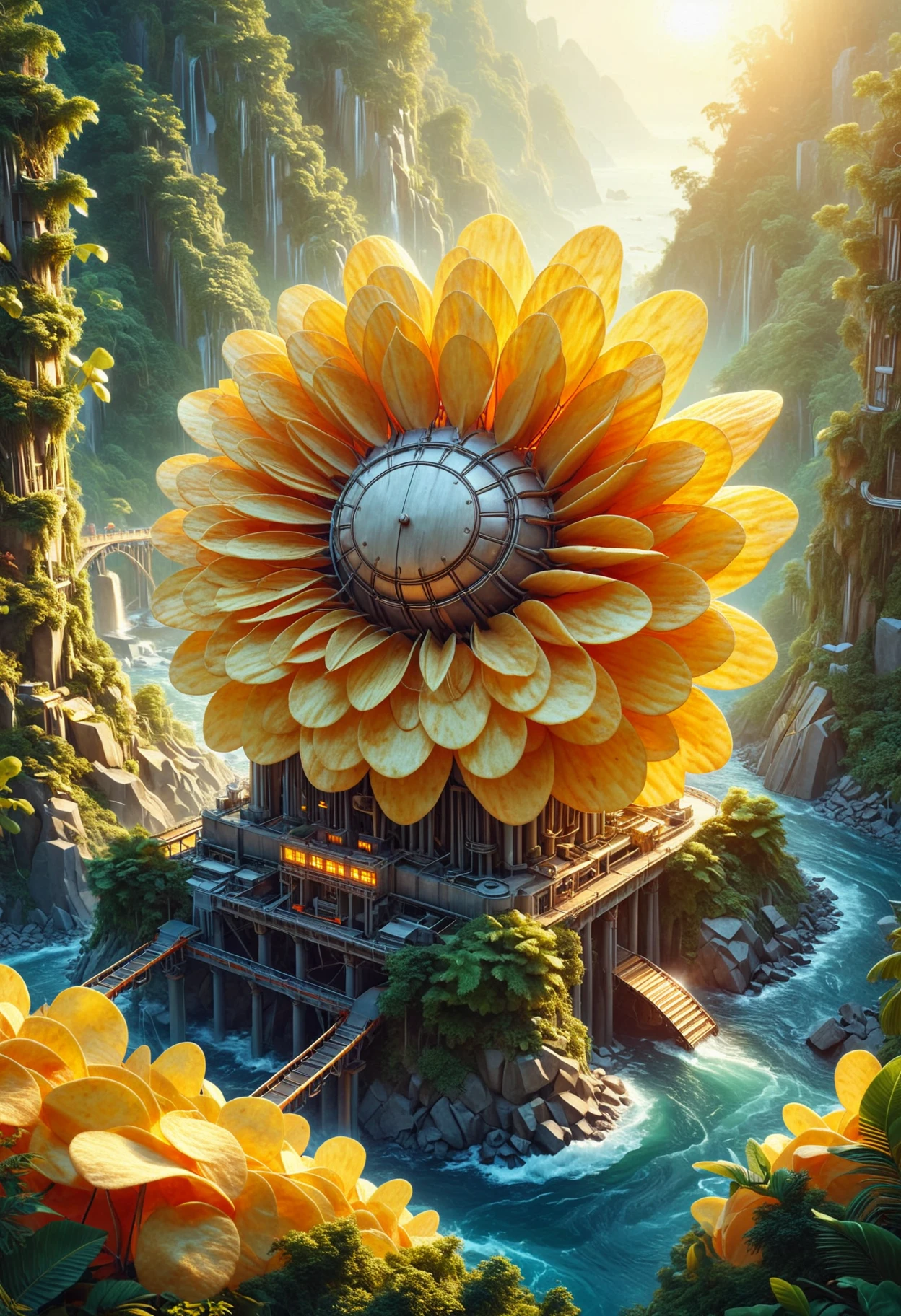 charming, Affectionate (Hydroelectric power plant:1.2), jungle, Sun in the sky, digital art, (fantasy art designed by WLOP:1.1), Oversaturated, concept art, made out of potato chips, <lora:PinkiePttChpsSDXL-v1:1>, p1nkch1ps, magic atmosphere, professional creative, cinematic atmosphere, atmosphere, stunning detail, intricate,