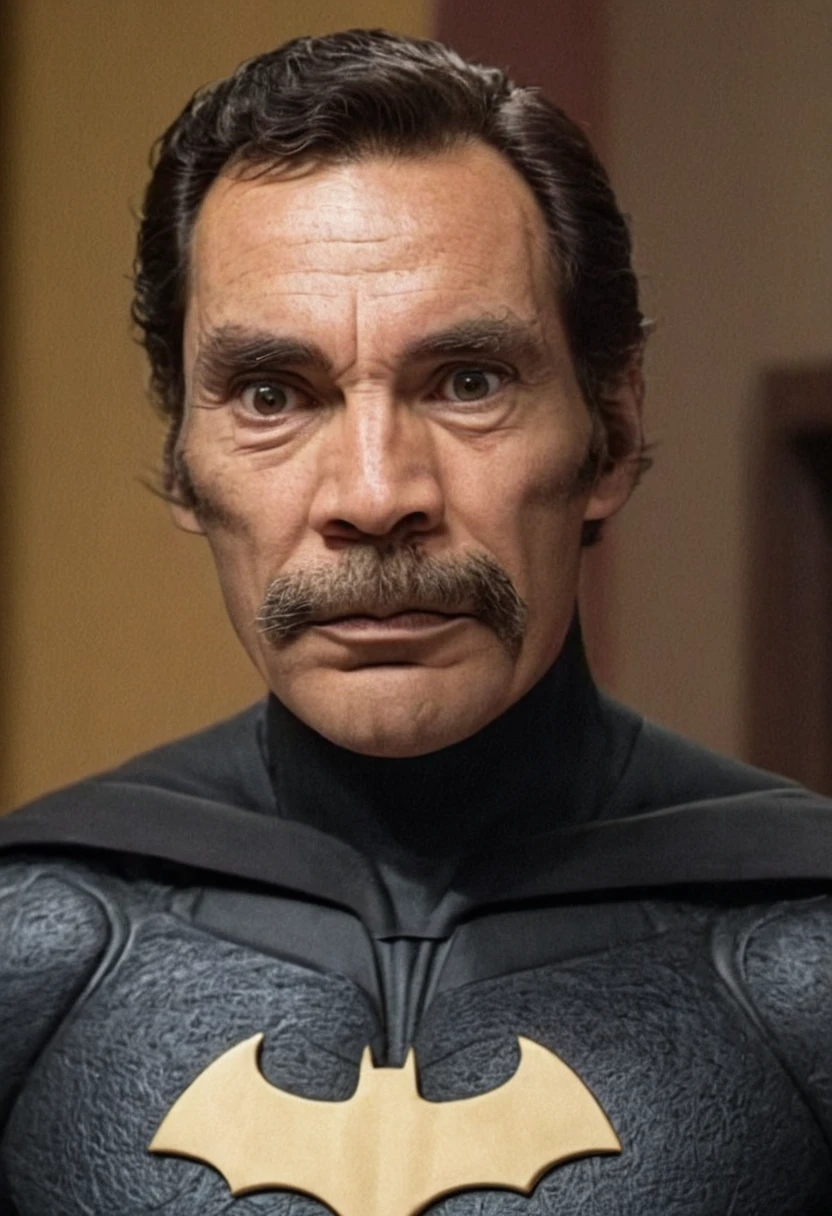 cinematic still Don RamÃ³n as Batman in a detailed and realistic portrait, wearing the iconic dark suit and cape with the Batman emblem prominently displayed on his chest, featuring intricate textures and realistic fabric folds, his expression a blend of seriousness and subtle charm, the portrait capturing his iconic mustache and characteristic features in a dramatic, high-resolution style, set against a moody, Gotham-like background with dim, atmospheric lighting that enhances the superheroâs imposing presence, high detail and depth, blending the classic look of Batman with the unique characteristics of Don RamÃ³n, creating a striking and memorable image . emotional, harmonious, vignette, 4k epic detailed, shot on kodak, 35mm photo, sharp focus, high budget, cinemascope, moody, epic, gorgeous, film grain, grainy, Don RamÃ³n as Batman in a detailed and realistic portrait, wearing the iconic dark suit and cape with the Batman emblem prominently displayed on his chest, featuring intricate textures and realistic fabric folds, his expression a blend of seriousness and subtle charm, the portrait capturing his iconic mustache and characteristic features in a dramatic, high-resolution style, set against a moody, Gotham-like background with dim, atmospheric lighting that enhances the superheroâs imposing presence, high detail and depth, blending the classic look of Batman with the unique characteristics of Don RamÃ³n, creating a striking and memorable image, singular, epic, extremely aesthetic, colorful, surreal, mystical, highly enhanced, dynamic, cinematic color, very sharp, focus, perfect composition, professional atmosphere, creative